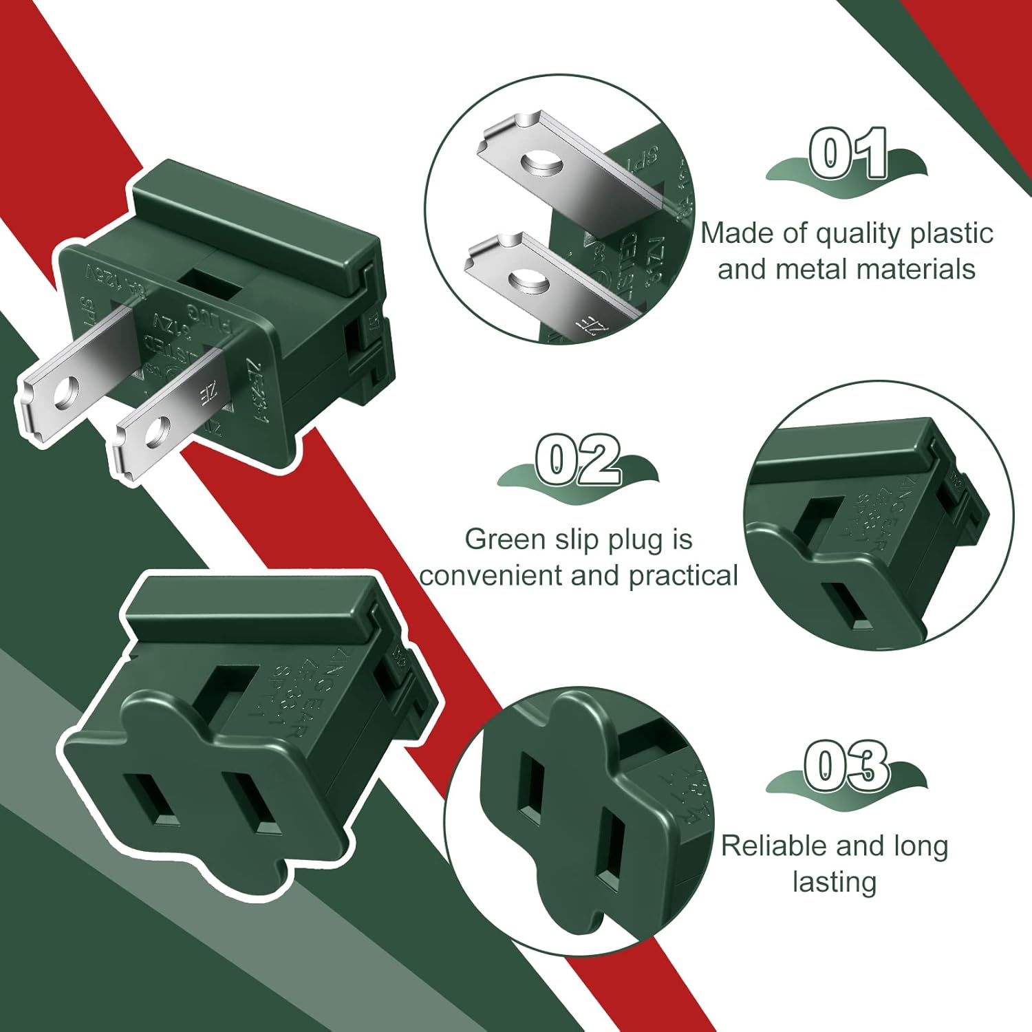 60 Piece Christmas Spt-1 Slip Plug Set - 30 Female Vampire Plugs, 30 Male Zip Plugs, Slide Plugs - Electrical Plug Ends for Holiday Lights - Outdoor Green