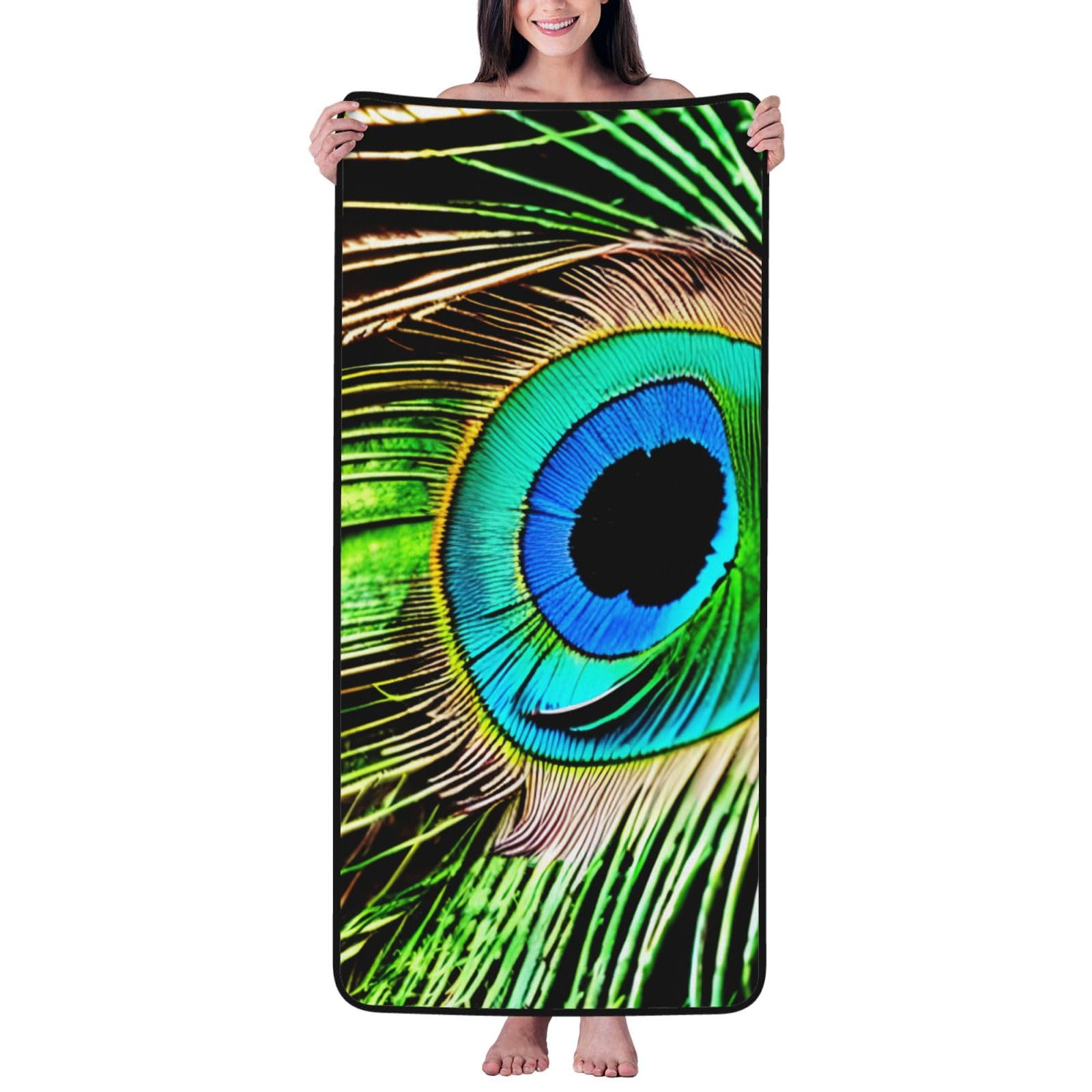 Ztpowqa Women's Black Peacock Feather Print Coral Velvet Bath Towel For Home Gym Lounging Bathroom Spa Hotel Beach Travel