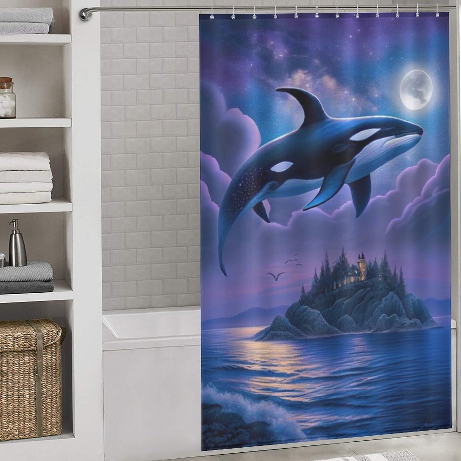 Rideau de douche baleine 140x183 cm imperméable pour baignoire