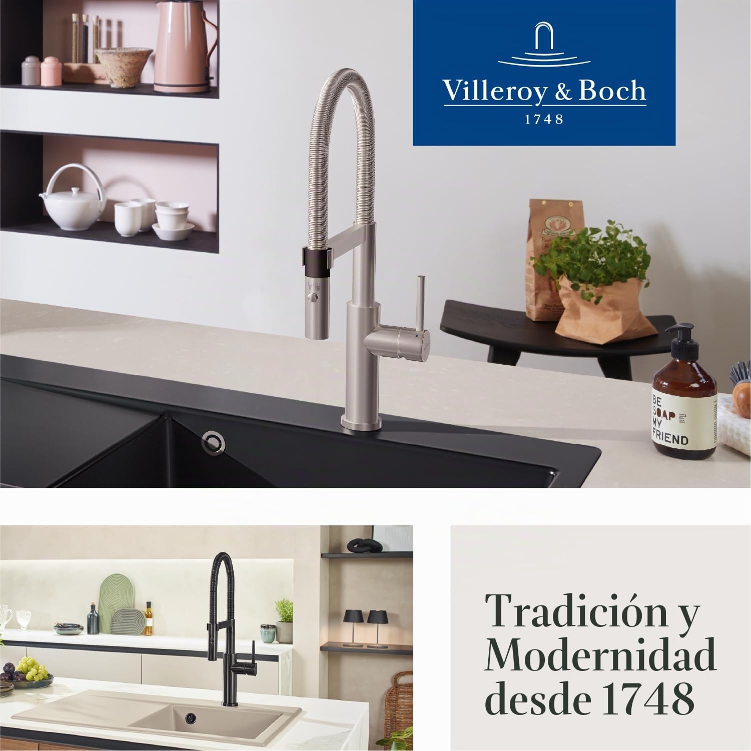 Villeroy & Boch Steel Expert 2.0 grifería de cocina, alta presión, con función de conmutación y desagüe orientable, grifo de fregadero de bajo consumo, altura del caño 170 mm, acero inoxidable
