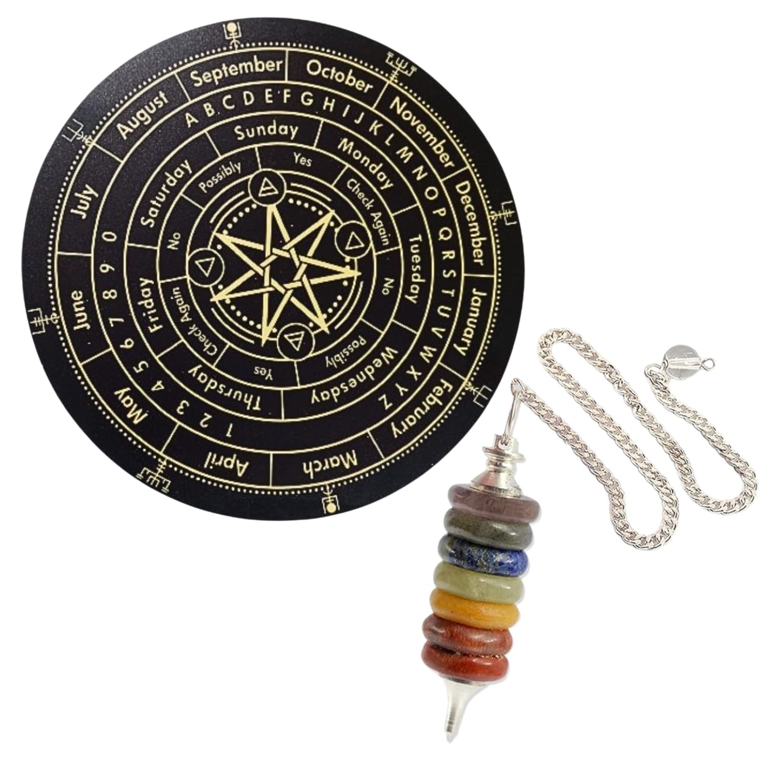 TREEMAISON 9 INCH Acrylic Seven Chakra Black Dowsing Board with Crystal Seven Chakra Pendulum, Dowsing Presumption Message Board | Question Board | Witch Board | Dowsing Pendulum Board