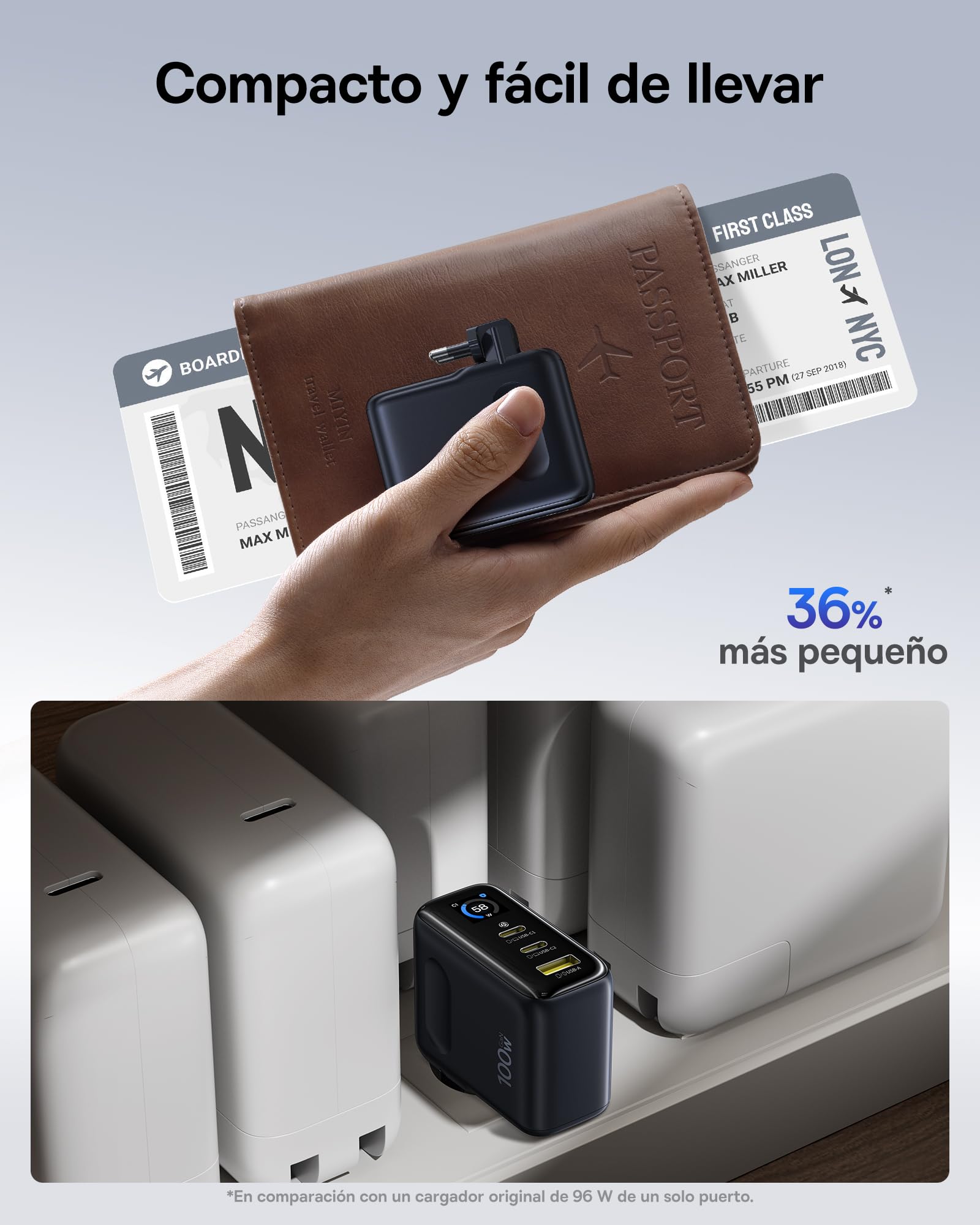 Baseus Picogo Cargador USB C de 100 W, Smart Display & Touch Control, 3 en 1 Potencia de Carga Rápida, Fuente de alimentación GaN avanzada, compatible con MacBook, iPhone 17/16/15/14, Samsung, Pixel y