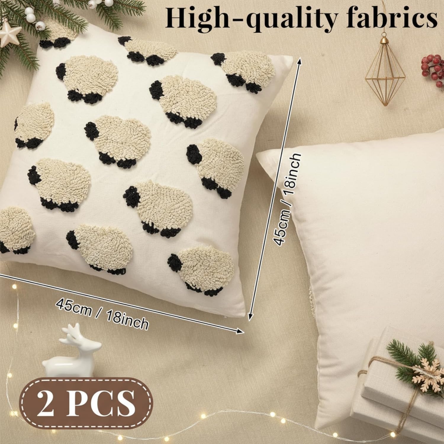 Tranqun 2 Pcs 18 x 18 Inch Farmhouse Sheep Throw Pillow Covers, Animal Square Sheep Pillow Cases, Decorative 3D Embroidered Throw Pillows Cases for Sofa Couch Farmhouse Bedroom Home Decoration