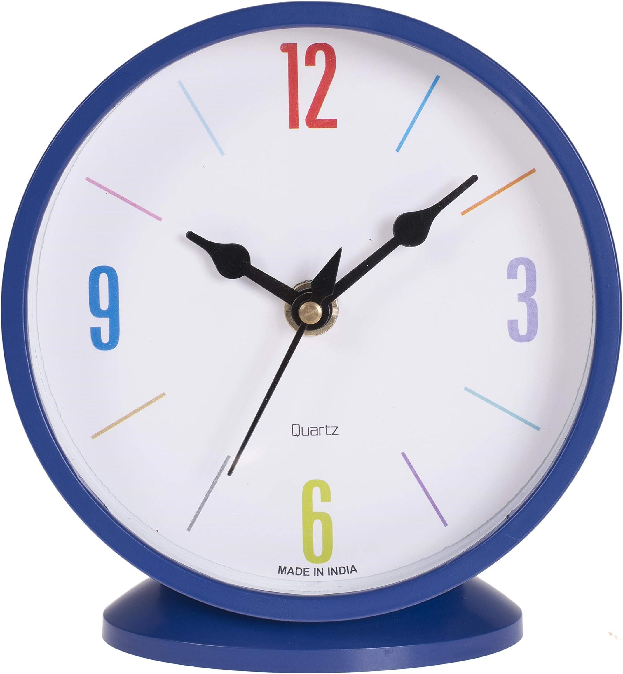 Smera Plastic Multicolor Digit, Blue Frame Round Quirky Table-Cum-Wall Clock (13.4 x 14.6 cm).