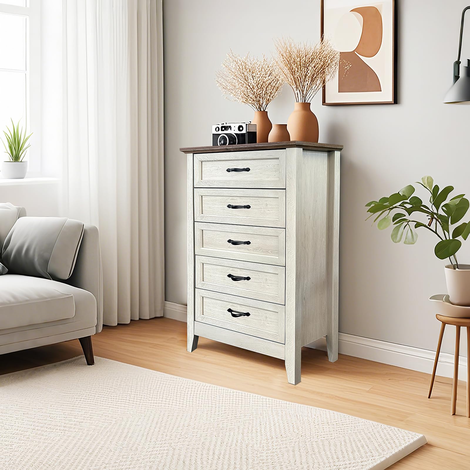 Raffiniertes Bauernhaus Design - Vintage Kommode mit 5 Schubladen aus Holz - Perfekt für Schlafzimmer, Wohnzimmer, Eingang, Kinderzimmer und Flur - Ideal zum Organisieren von Schränken