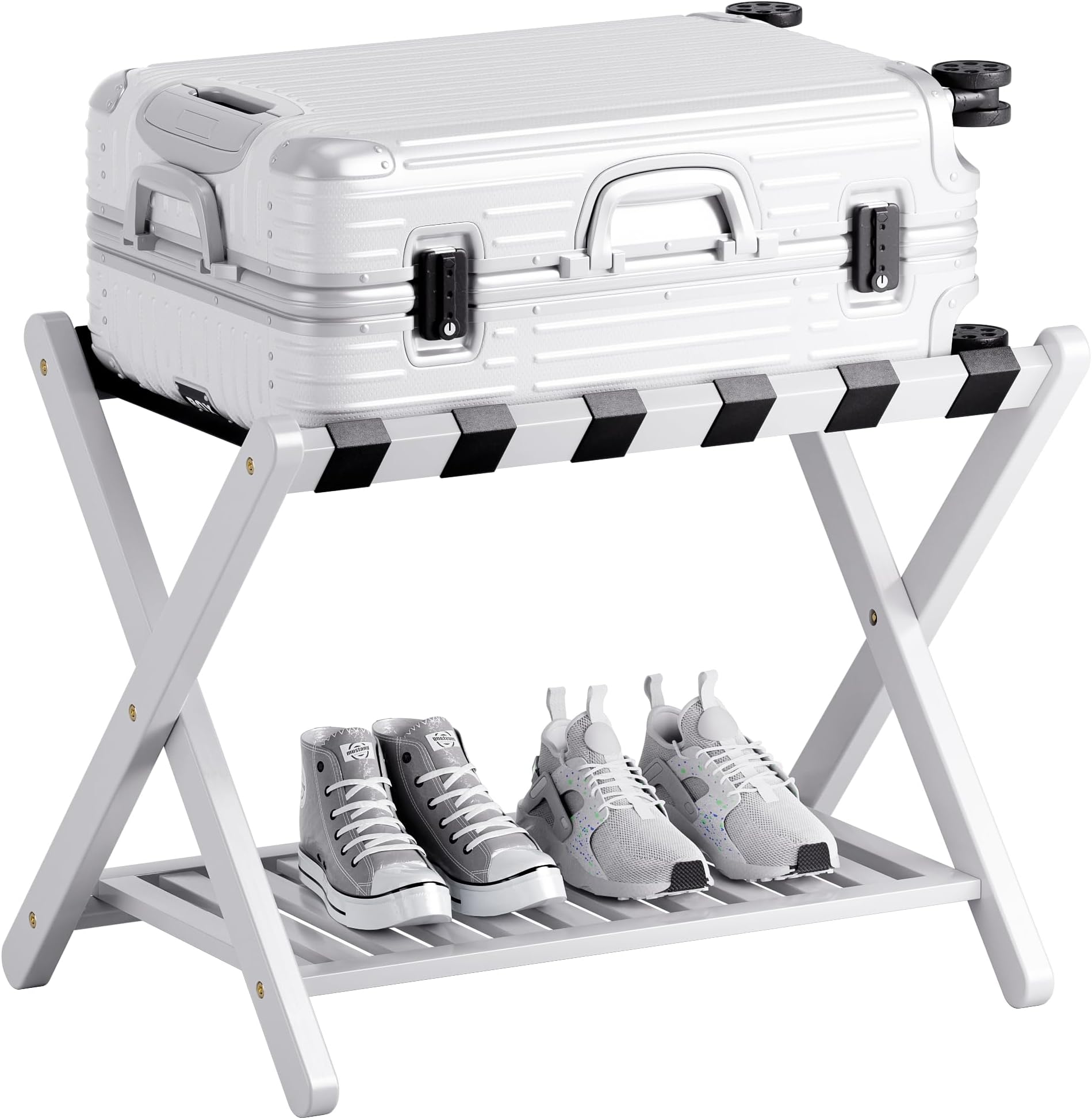 SMIBUY Luggage Rack, Foldable Bamboo Suitcase Stand with Storage Shelf for Guest Room, Bedroom, Hotel, Heavy-Duty (White)