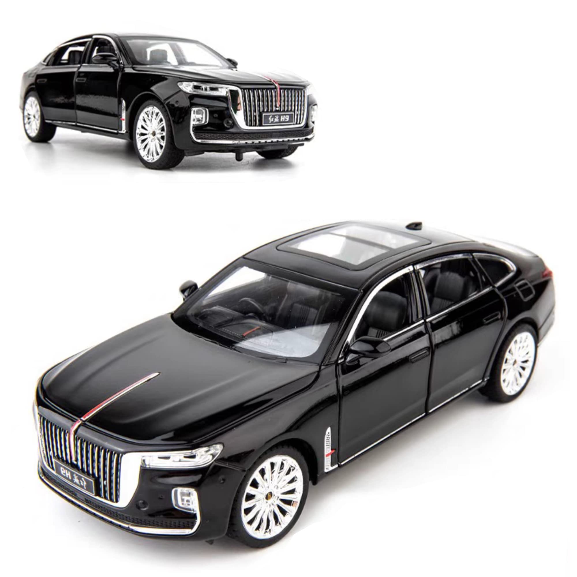 swift 1:24 Scale H9 Hongqi Toy Cars, Diecast Model Luxury Metal Car | Zinc Alloy Pull Back with Front and Back Lights | Open Door | Off-Road Real Suspensions | Panoramic Sunroof - (Black H9)