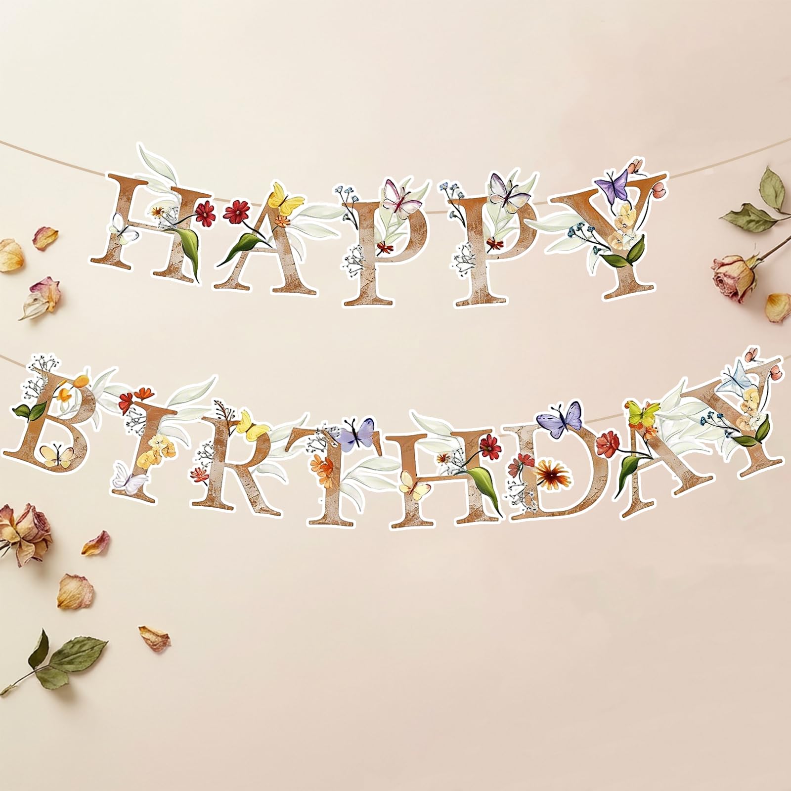 Natural Romantic Style Floral Birthday Banner - DIY Party Decorations with Hanging Kit (Needle & Ribbon Included) for Women Girls Easy Install