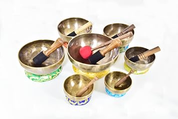 Chakra Healing Tibetan Singing Bowls Set of 7 pieces  Hand Hammered Himalayan Yoga Meditation Bowls - 5" to 10" - included 7 Mallets, 7 cushions & 1 drum stick. Handmade in Nepal