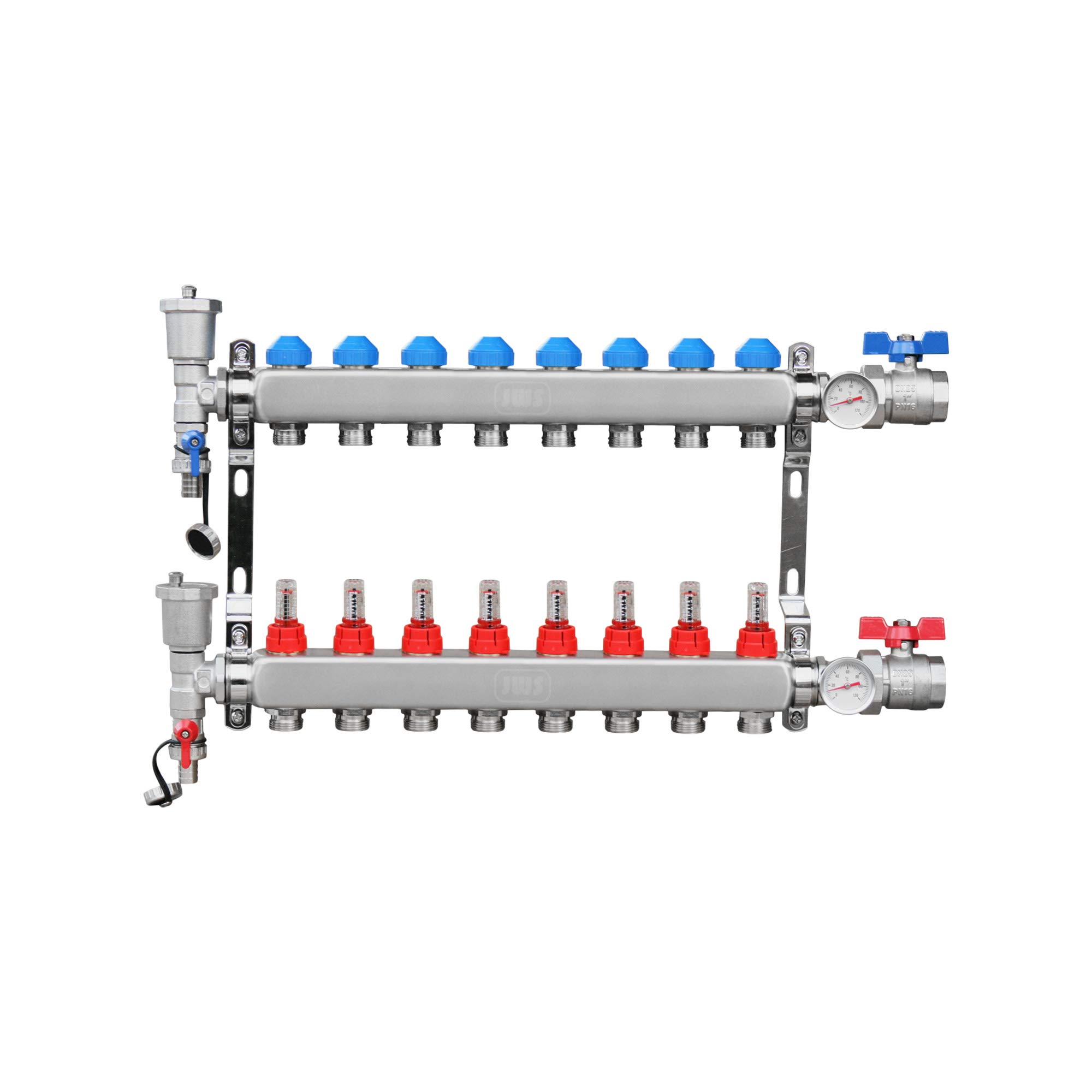 Répartiteur De Circuit Chauffage 8 Voies Acier Inox - Pour Plancher Chauffant - Avec Débitmètre Et Purgeur