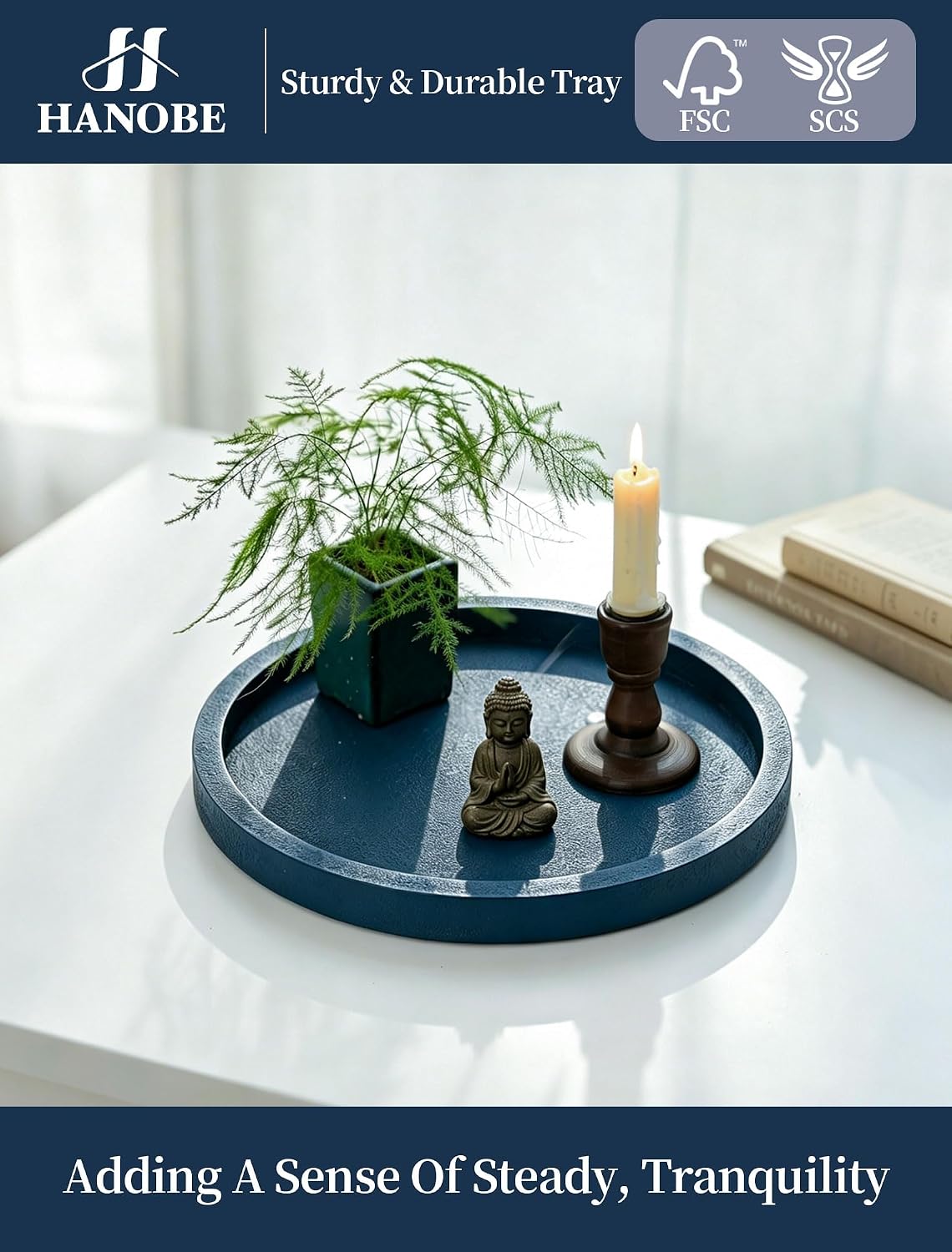 Hanobe Decorative Trays for Coffee Table: Navy Blue Round Tray for Home Decor - Coastal Decor for Living Room Kitchen Entry Way Table