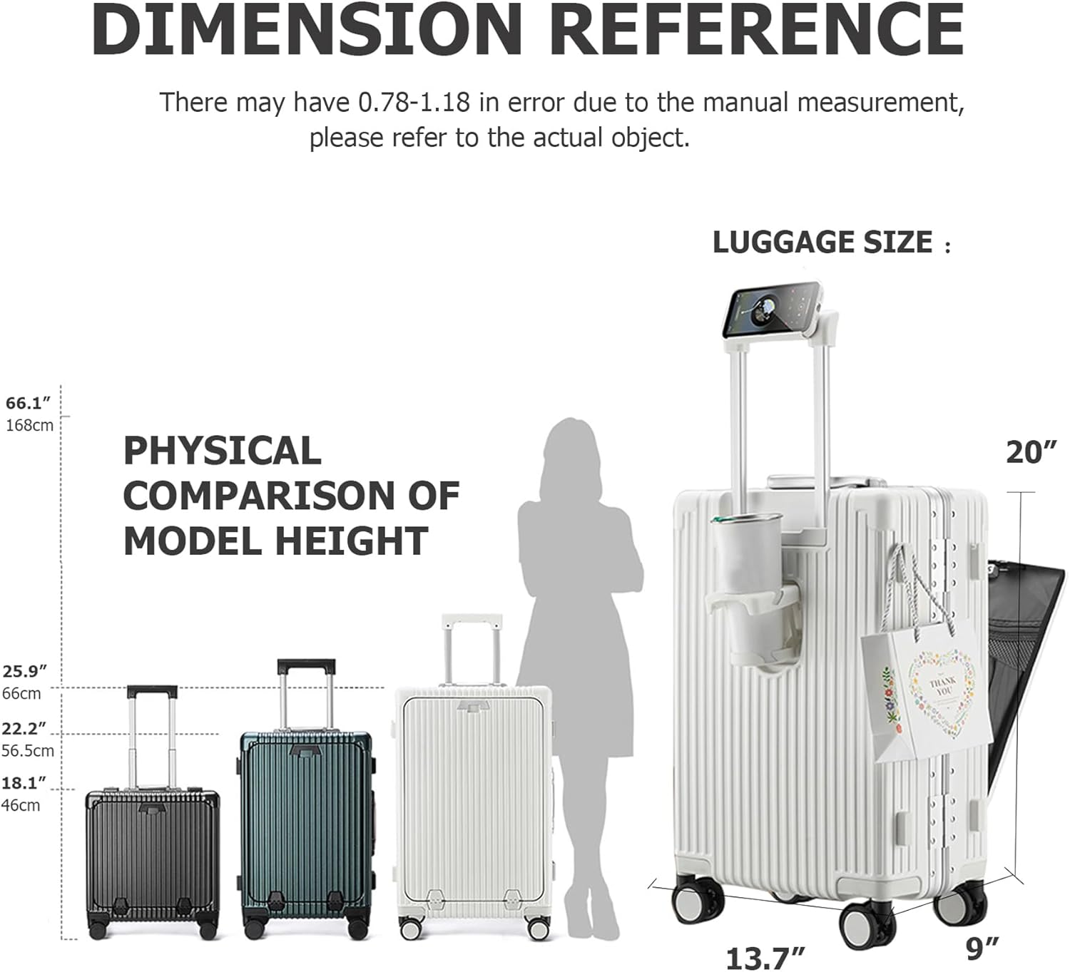 feilario Aluminium Frame PC Hard Shell Spinner Wheels Luggage,20.8"X15"X8.7 Airline Approved Built-In TSA lock Carry on Suitcase, with Cup Holder, USB Port, Phone Holder - Image 3