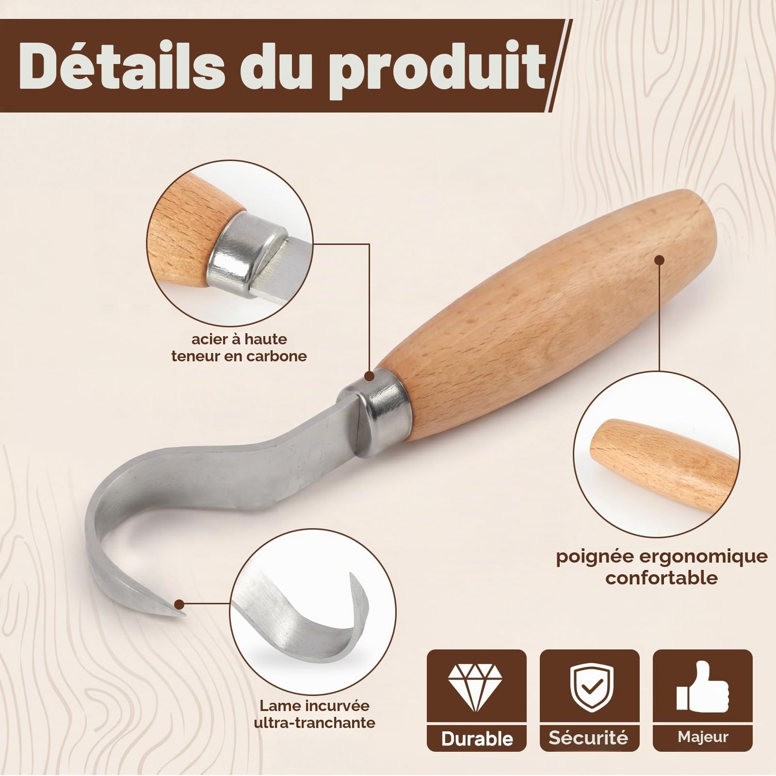 Couteau Sculpture Bois,Couteau à Crochet Ergonomique Professionnel pour Sculpture sur Bois,et Sculptures Créatives, Adapté aux Sculpteurs Débutants et Confirmés pour Finitions Détaillées
