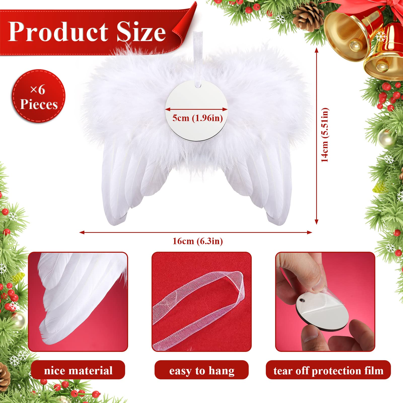 Personalized White Angel Wings Christmas Ornament, Feather Hanging with Custom Round Ornaments for DIY Wedding, Customized Xmas Tree Holiday Party Decor