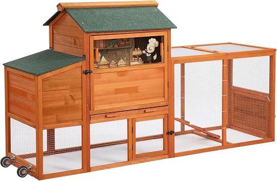 COZIWOW 82" Large Wooden Chicken Coop, Outdoor Rabbit Hutch with Wheels, Sunshine Board, Asphalt Roof, Ramp, Openable Top, Door, Window, Pull-Out Tray, Indoor Bunny Cage Orange with Pattern