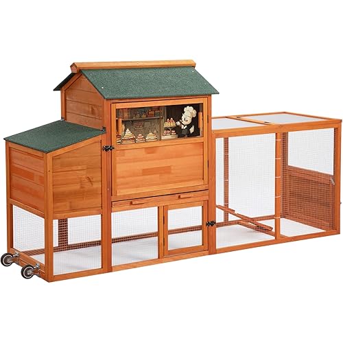 COZIWOW 82" Large Wooden Chicken Coop, Outdoor Rabbit Hutch with Wheels, Sunshine Board, Asphalt Roof, Ramp, Openable Top, Door, Window, Pull-Out Tray, Indoor Bunny Cage (Orange with Pattern)