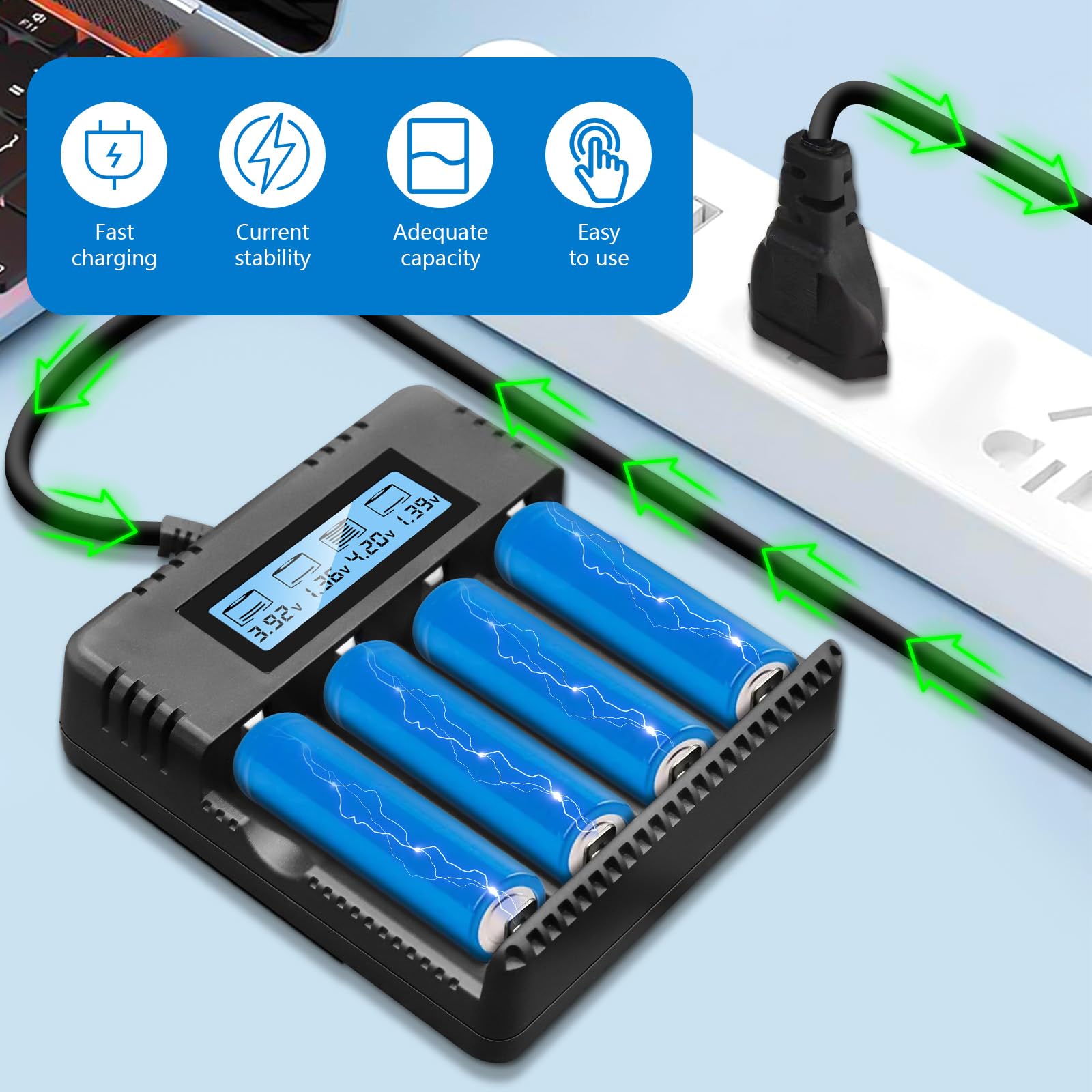 LCD Chargeur de Piles, Chargeur de Batterie avec 4 Lots de Charge Chargeur pour 3.7V 26500/18650/14500/16340/26700 Lithium