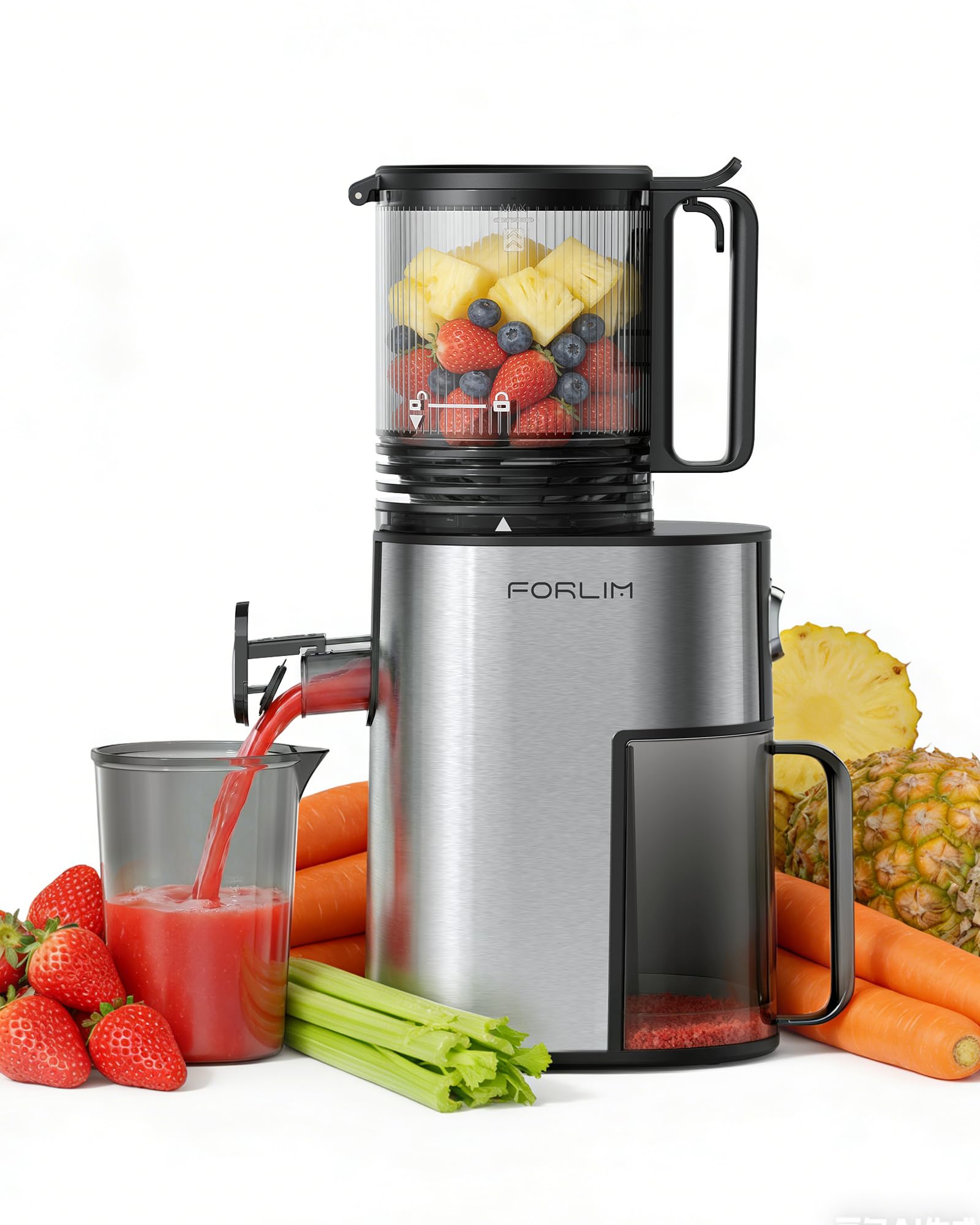 FORLIM Extracteur de Jus, 130mm Grande Cheminée Auto-alimentée pour Fruits et Légumes Entiers, 250W Automatique Lent Rotatif avec 1,7L Réservoir, Haut Rendement, Nettoyage Facile, Argent Classique
