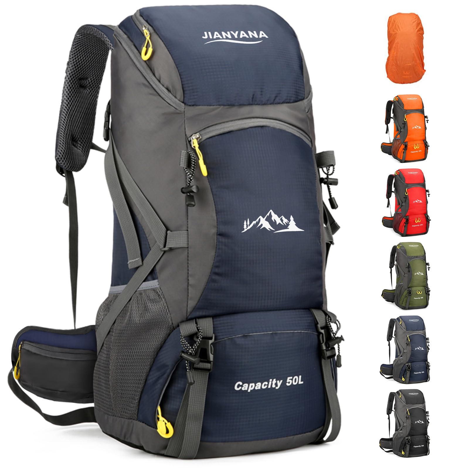 jianyana Wanderrucksack 50L Trekkingrucksack Regenhülle Reiserucksack Wasserdichter Campingrucksack für Wandern Camping Bergsteigen Reisen Sport Herren Damen