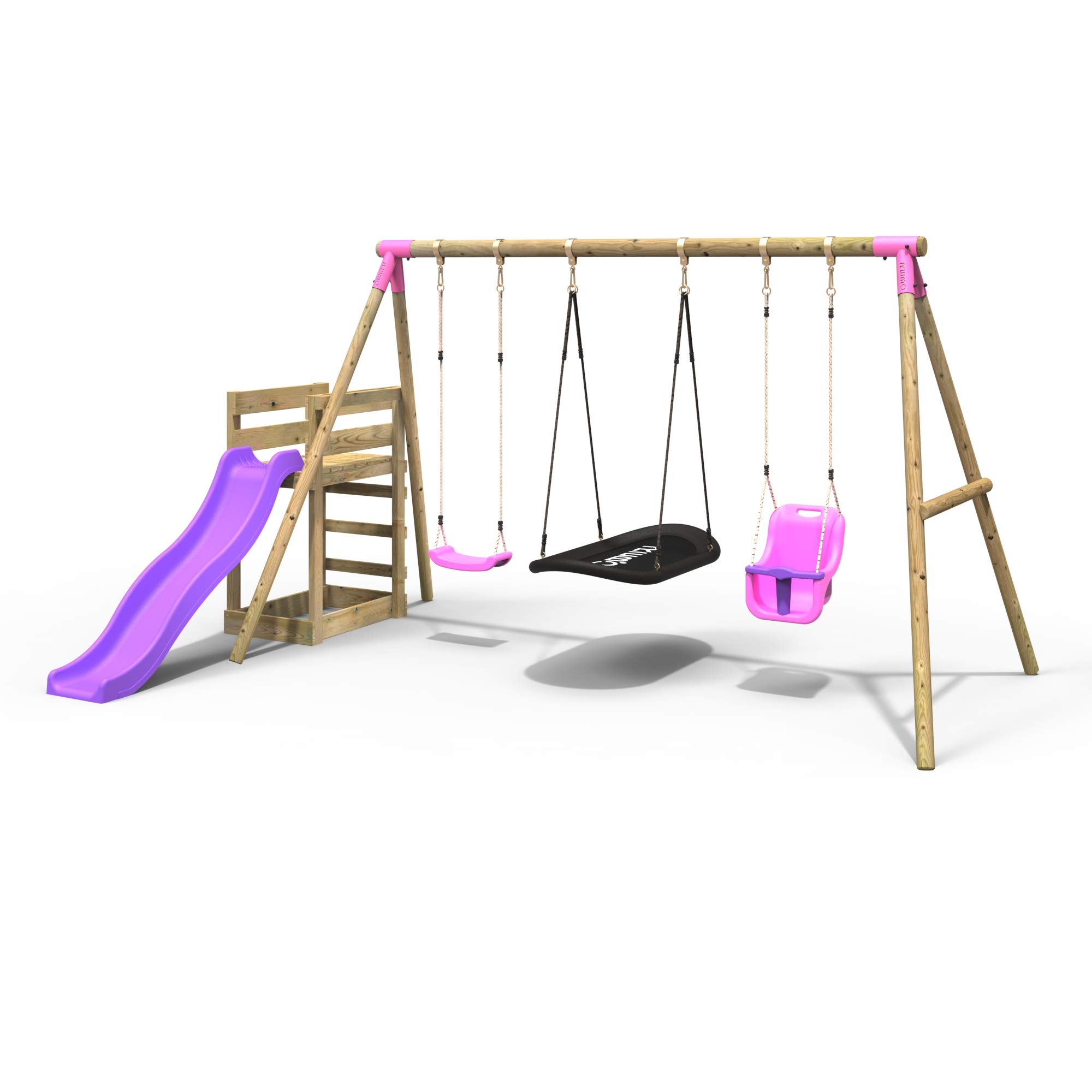Rebo® Wooden Swing Set Plus Deck and Slide - Halley Pink | OutdoorToys | Kids' Playset - Sturdy Construction, Pressure Treated Timber, With Soft-Feel Ropes