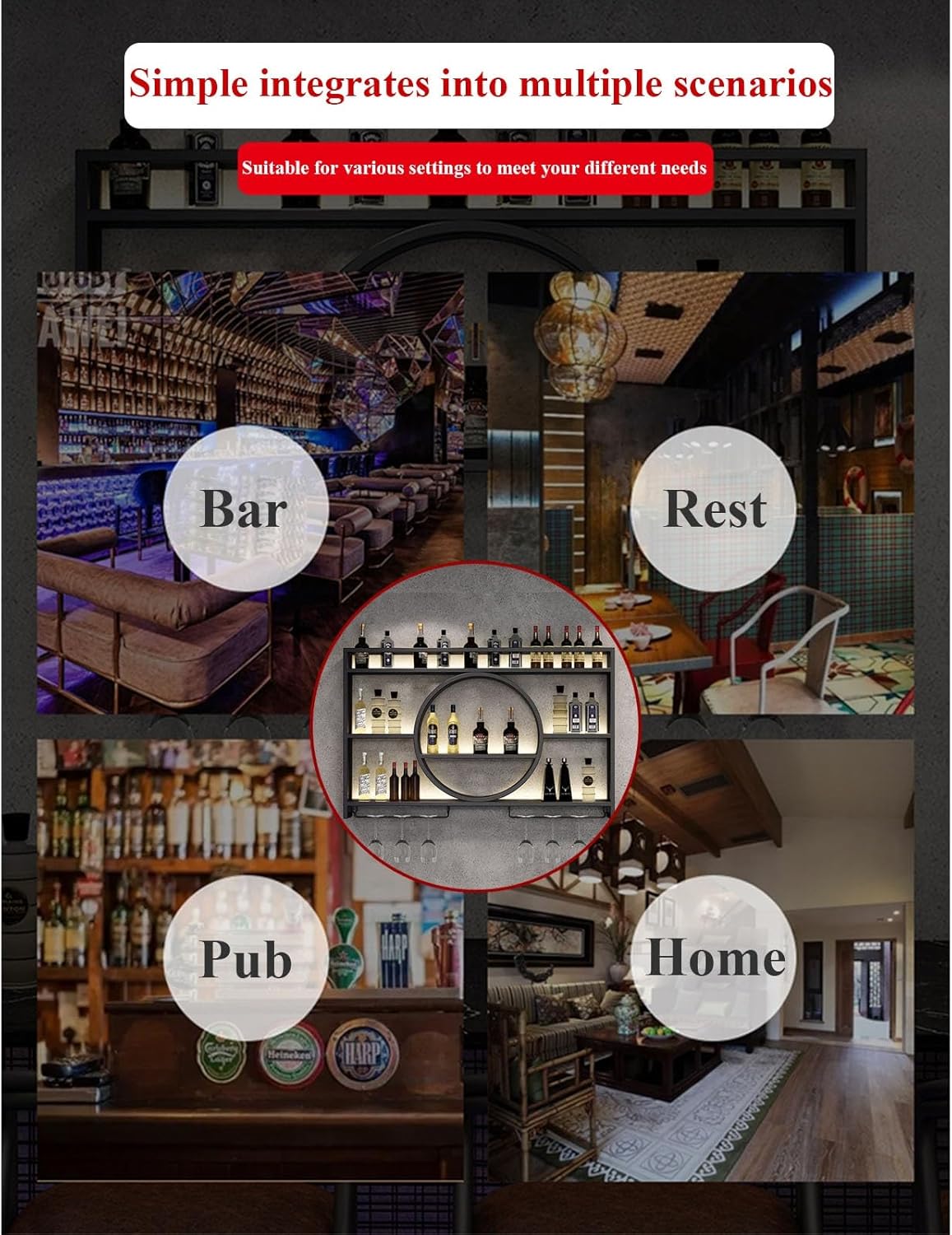 Modern Iron Wine Rack Wall Mounted with LED Light and Glass Holder Stylish Bar Shelves for Liquor Bottles Ideal for Kitchen or Living Room Decor Black 39.3in