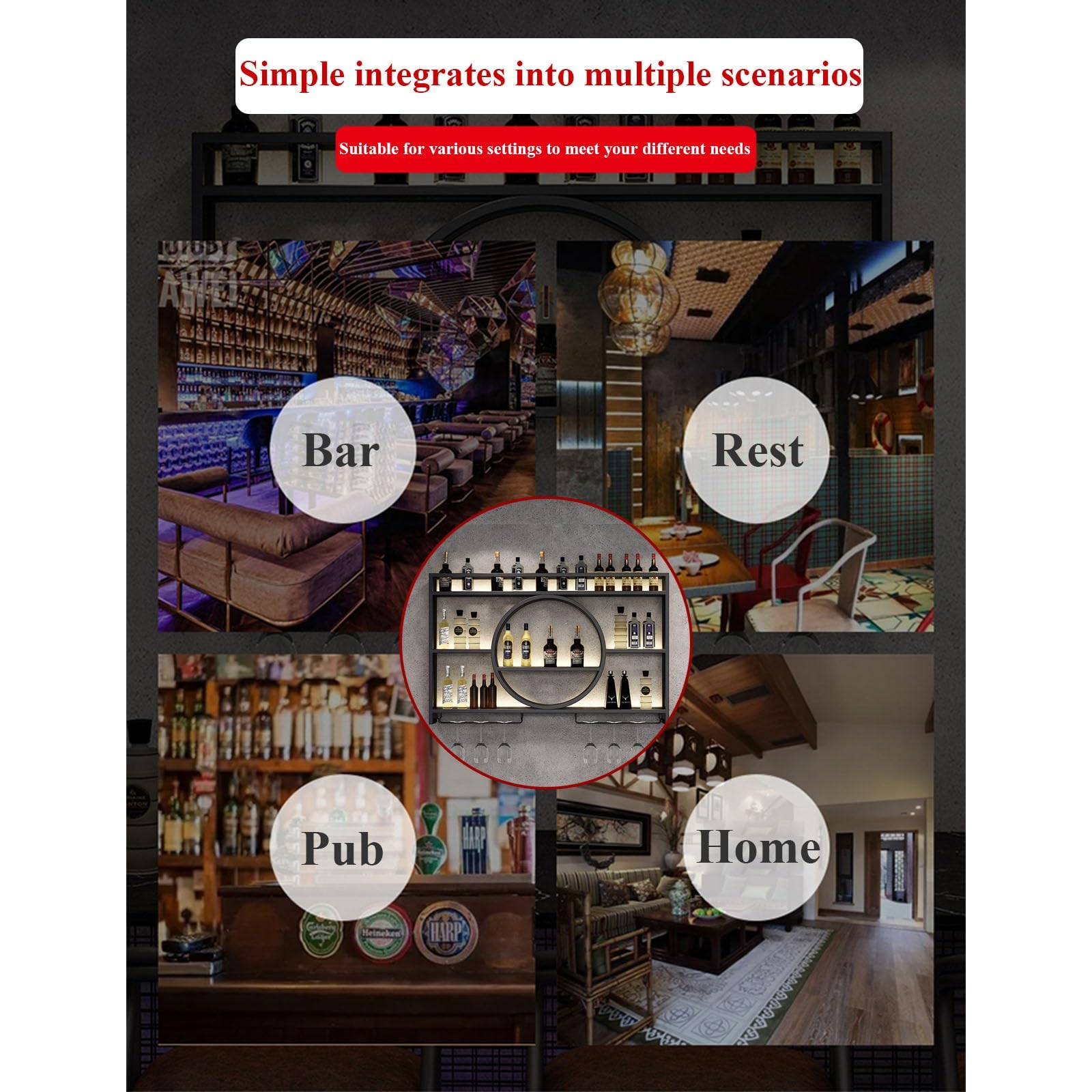 Smart Home, portabottiglie da Parete in Metallo con Luce LED - Mensola per Vino in Ferro con portabicchieri per Bottiglie di liquore - Eleganti mensol