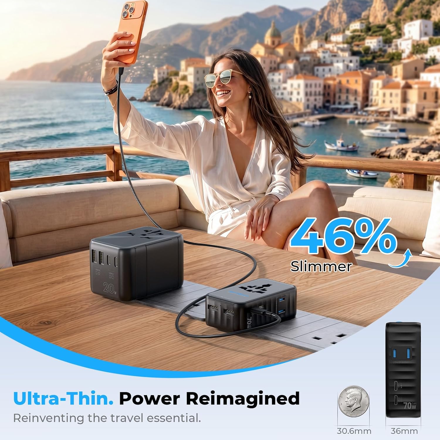 Aura 70W Ultra-Slim Universal Travel Adapter for EU/UK/AUS/AS/USA