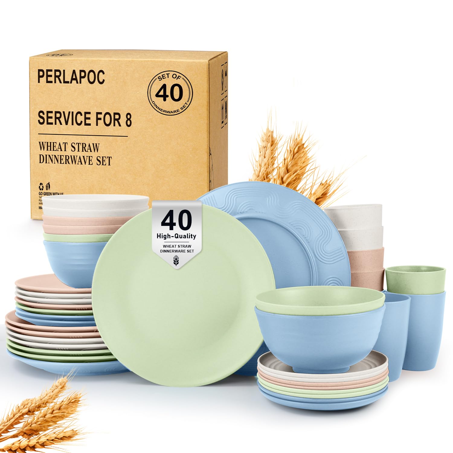 40 PCS Wheat Straw Dinnerware Sets Unbreakable Dishware Set for 8 Plastic Plates and Bowls Sets with Cups Dishwasher &amp; Microwave Safe - Colorful