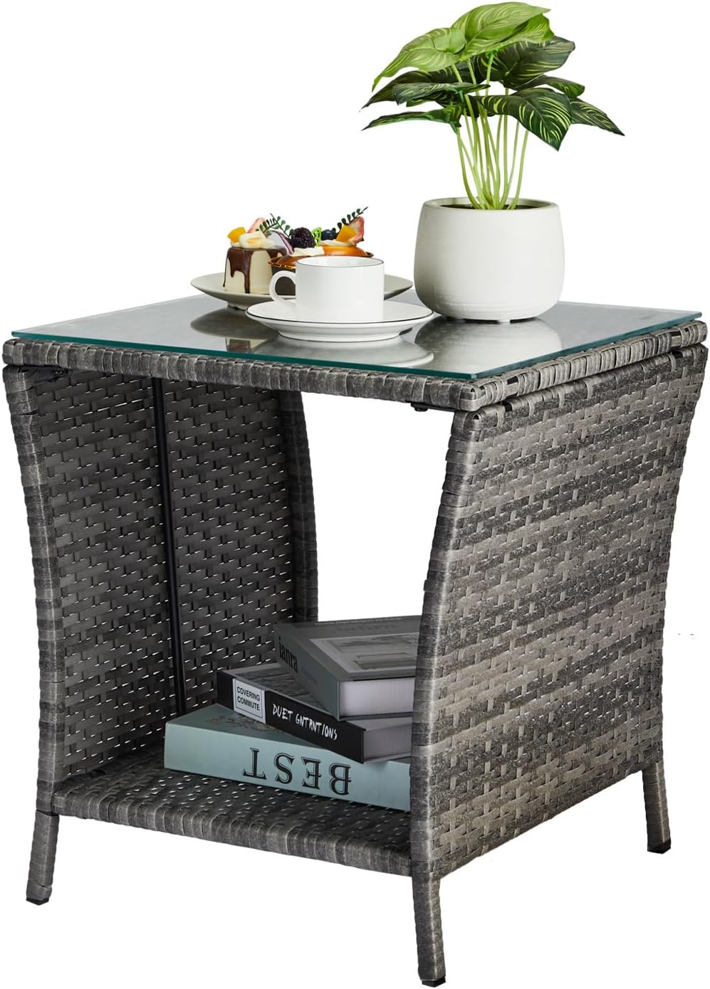 VINGLI Outdoor Wicker Side Table Patio Side Tables for