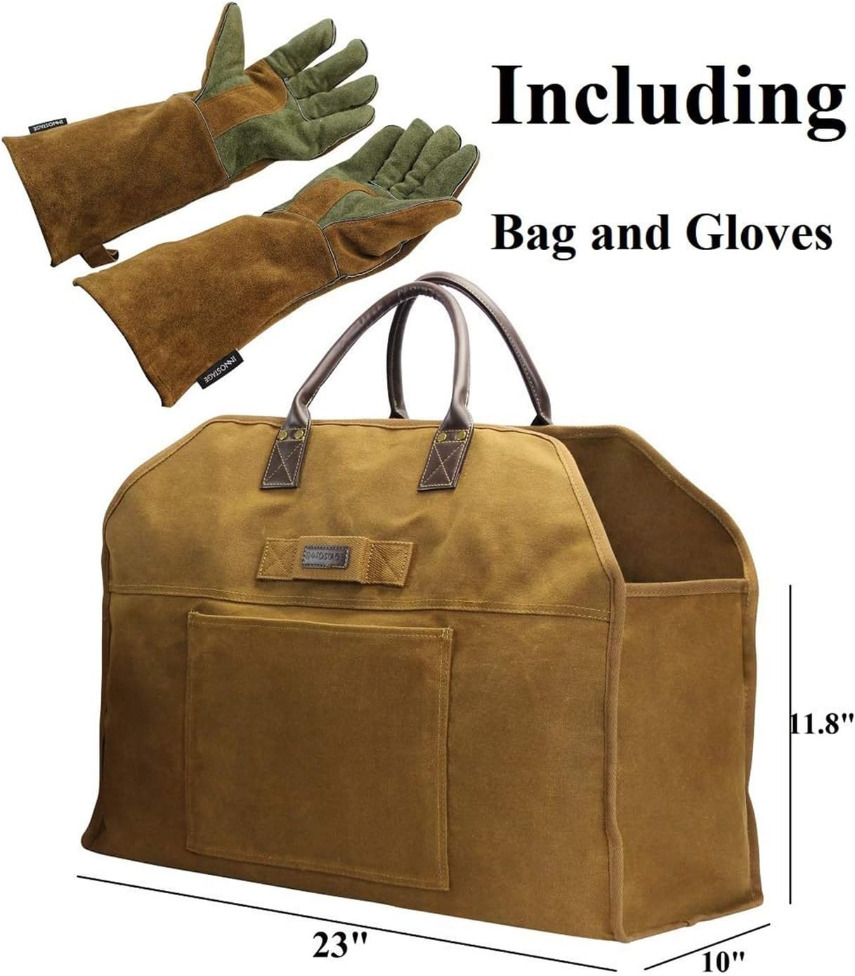 Fireplace Wood Stove Accessories Storage Bag, Firewood Log Carrier Bag Waxed Canvas Tote Holder with Fireplace Pure Leather Gloves for Hay Hauling Outdoor Camping, BBQ Barbecue(B)