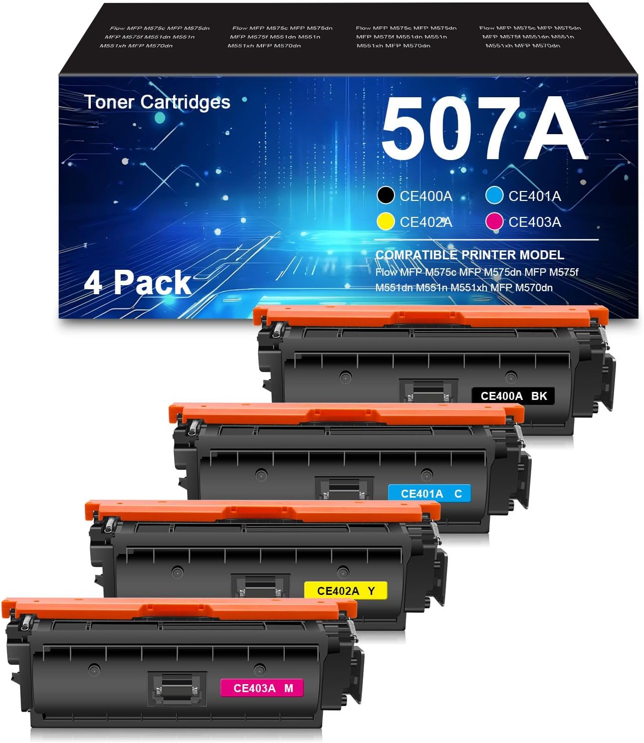 Remanufactured 507A Toner Cartridge 4-Pack Compatible with HP 507A 507X CE400A CE401A CE402A CE403A for HP Enterprise M551 M551n M551dn M551xh M570dn M570dw M575f Printer