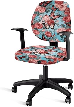 Butterfly Rose Desk Chair Covers Stretchable 2-Piece Set Washable Dustproof Soft Office Chair Seat Covers for Home Office