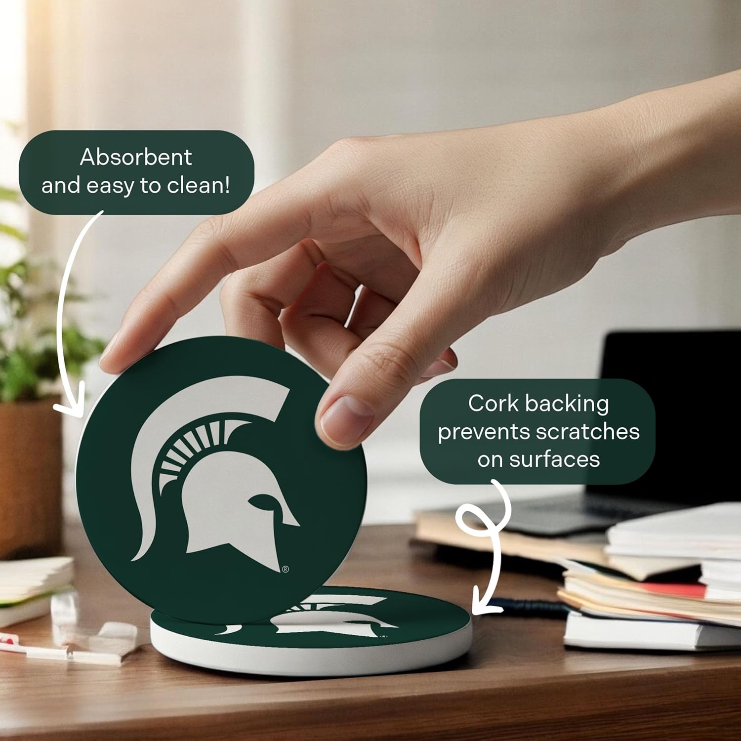 Desert Cactus Michigan State University Circle Ceramic Coasters 4 Pack Spartans MSU Absorbent Drink Coasters with Cork Backing (Design A) - Image 5