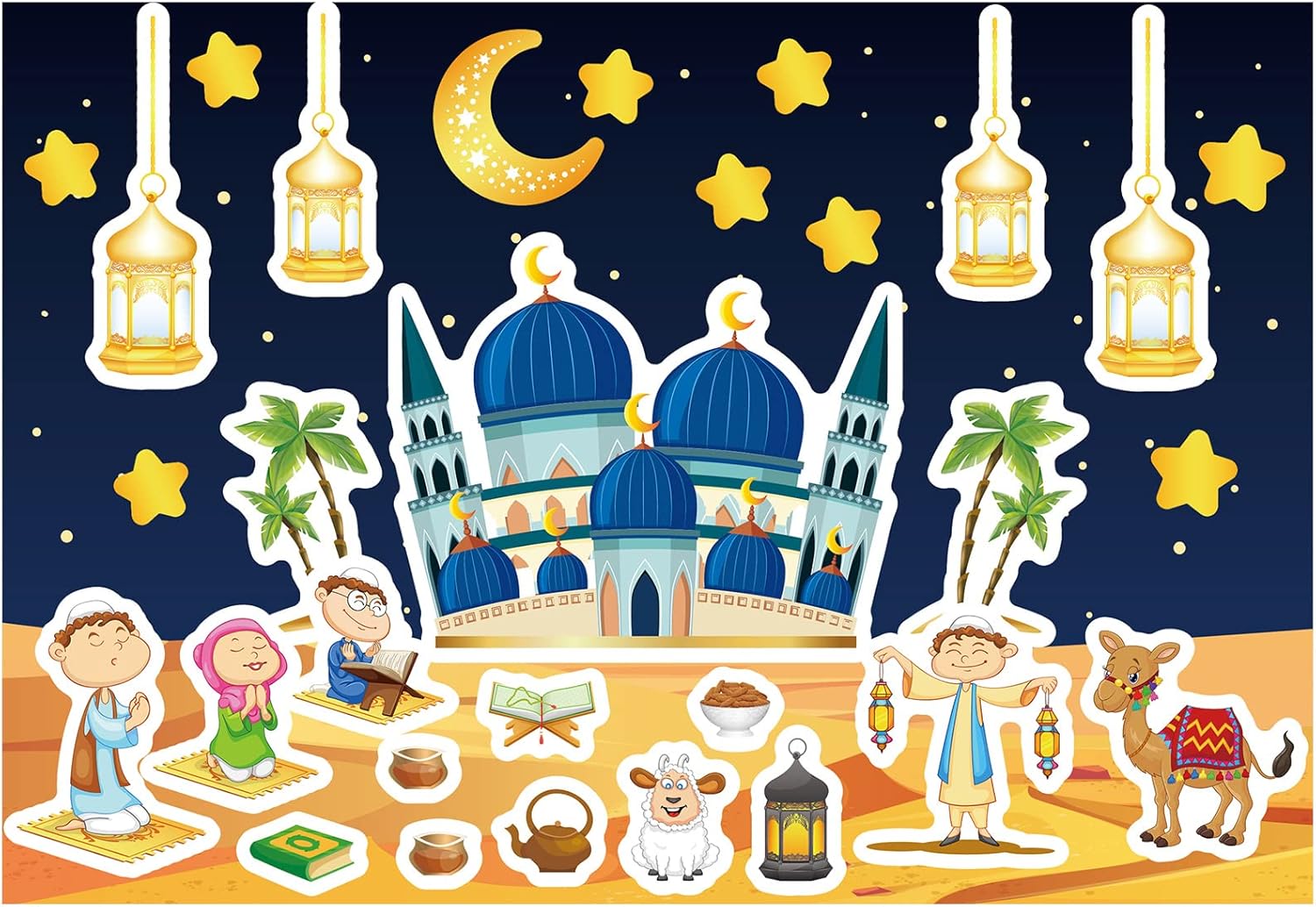 HOWAF 12pcs Eid Mubarak Make a Scene Stickers Set, Ramadan Kareem Themed DIY Craft Stickers for Kids, Religious Scene Sticker for Toddler, Eid Ramadan Party Moon Castle Star Lantern Stickers