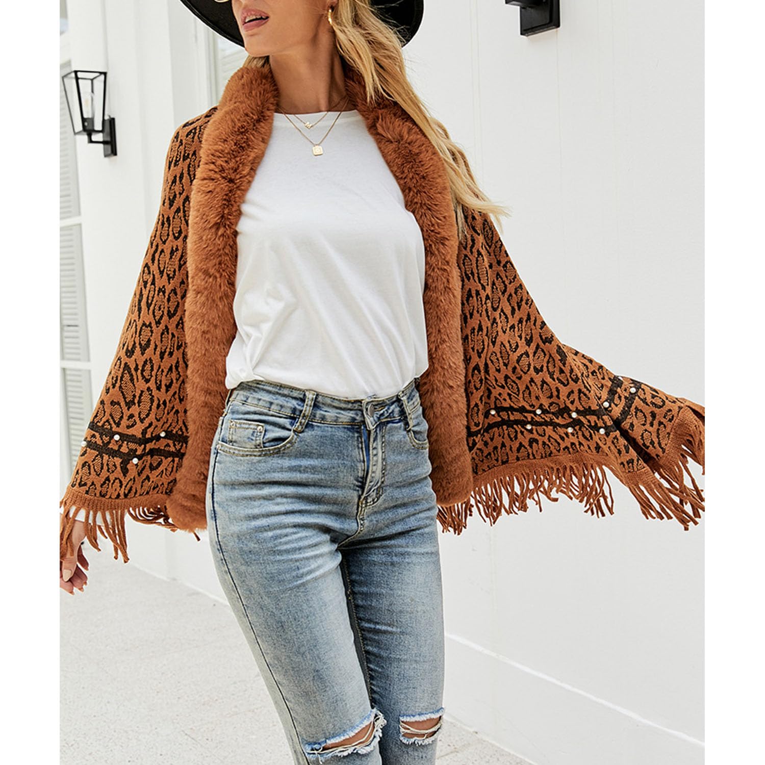 Frauen Gestrickt Schal Schal Leopard Kunstpelz Mantel Quaste Saum Warm Mantel Poncho Strickjacke Pullover Cape