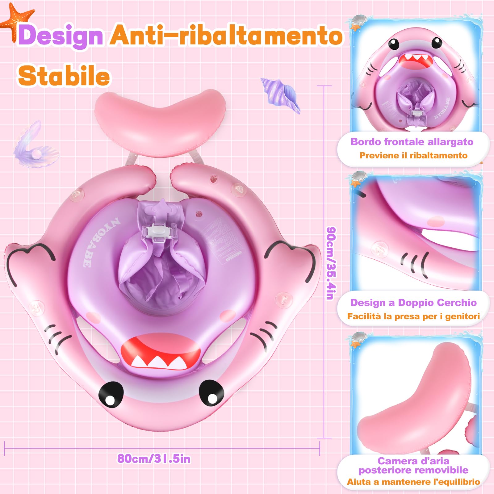 NYOBABE Salvagente Neonato con Parasole SPF 50+, Ciambella Neonato Mare 6-36 Mesi con Camera d'aria Posteriore Anti-Ribaltamento, Salvagente Bambini 9-15Kgs