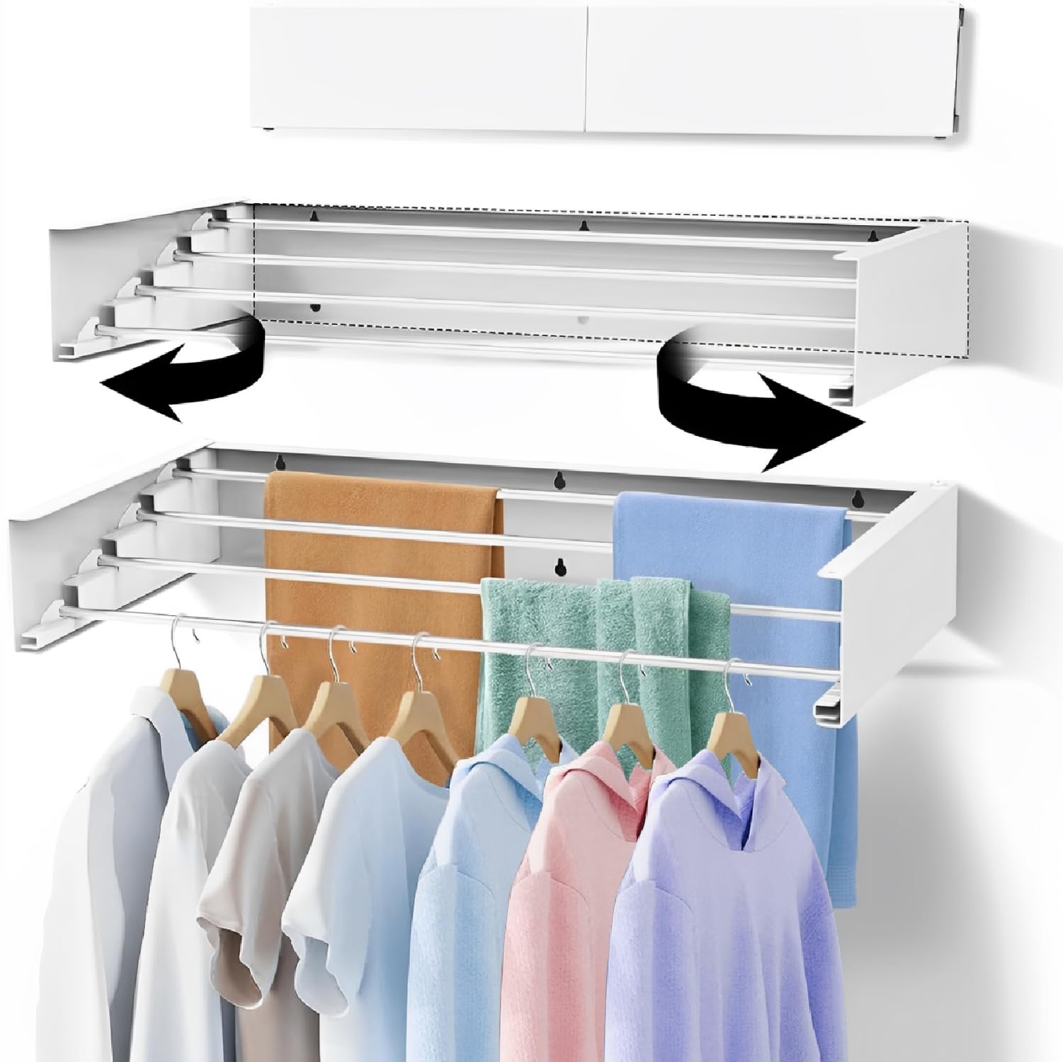 JD FRESH Foldable Wall Mount Clothes Hanger with 5 Rods/Cloth Drying Stand for Balcony/Collapsible Clothes Drying Rack for Laundry/Space Saver/Indoor/Outdoor (White)