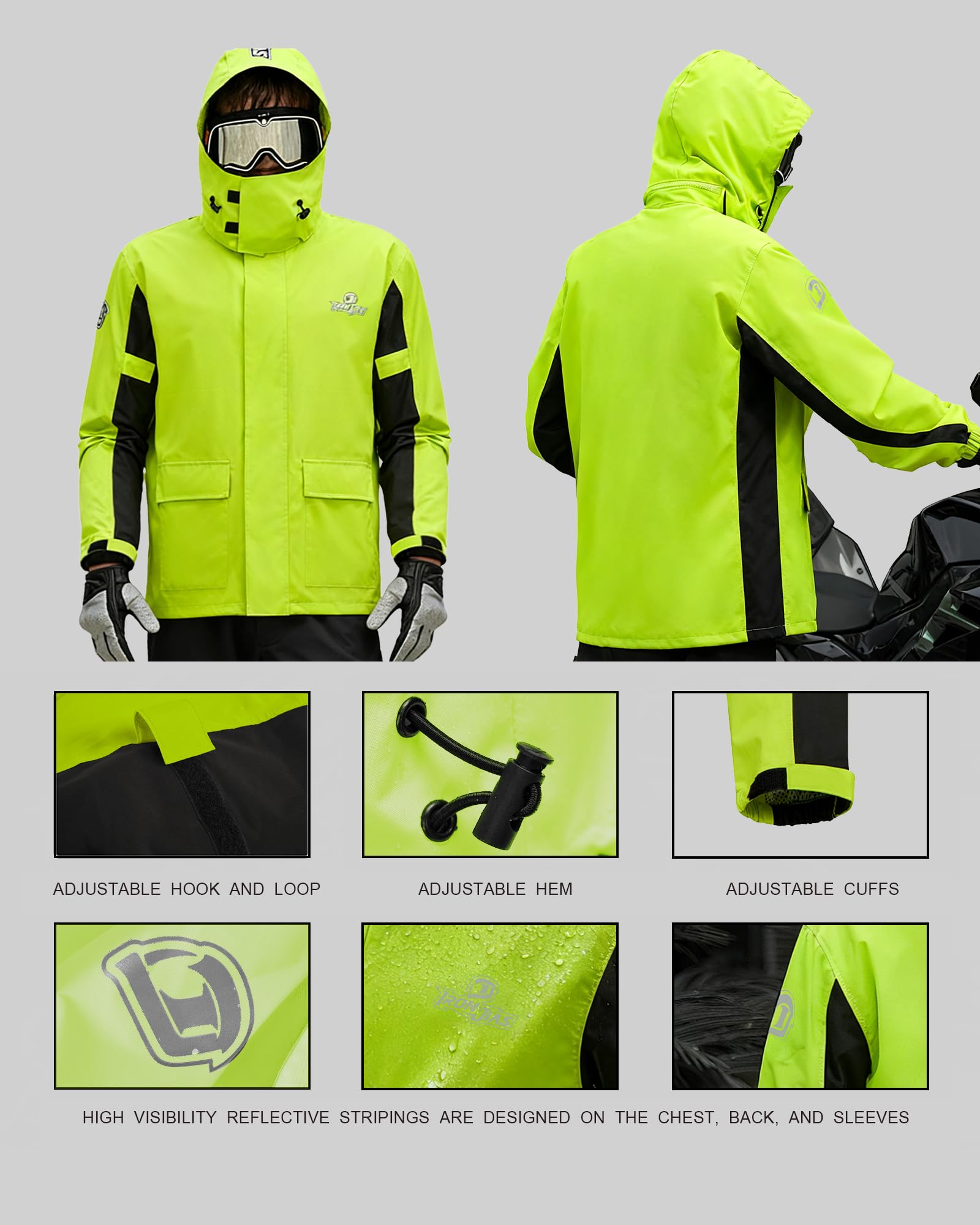 IRON JIA’S Regenanzug Herren Motorrad Regenjacke Wasserdichter Winddicht Atmungsaktiver Reflektierender mit Kapuze mit Reißverschluss Hochwertige Outdoor Regenmantel-Grün-XXL