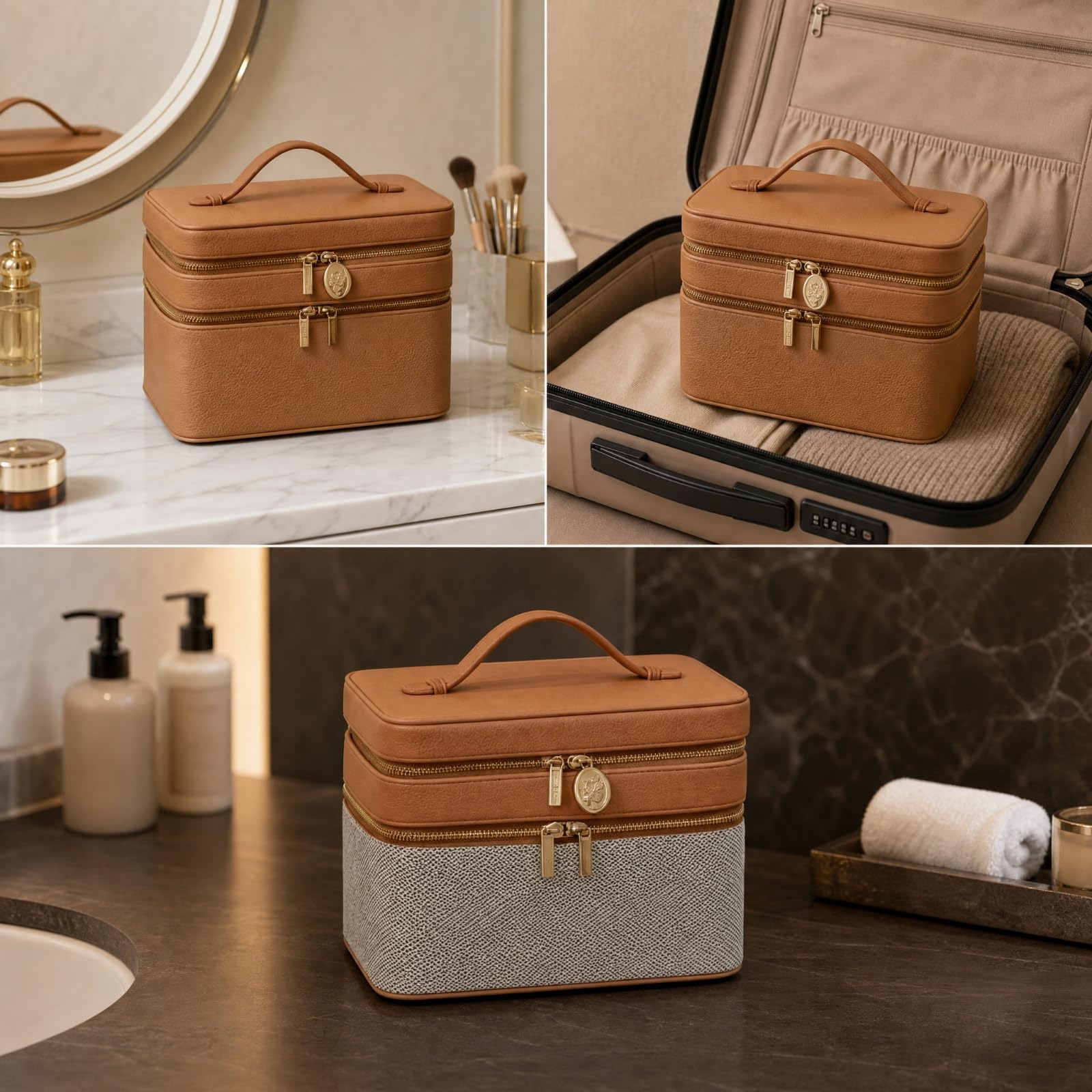 Bolsa Maquillaje Viaje Portátil | Práctica, Neceser Maquillaje, Versátil, para Tocador, Gris Marrón