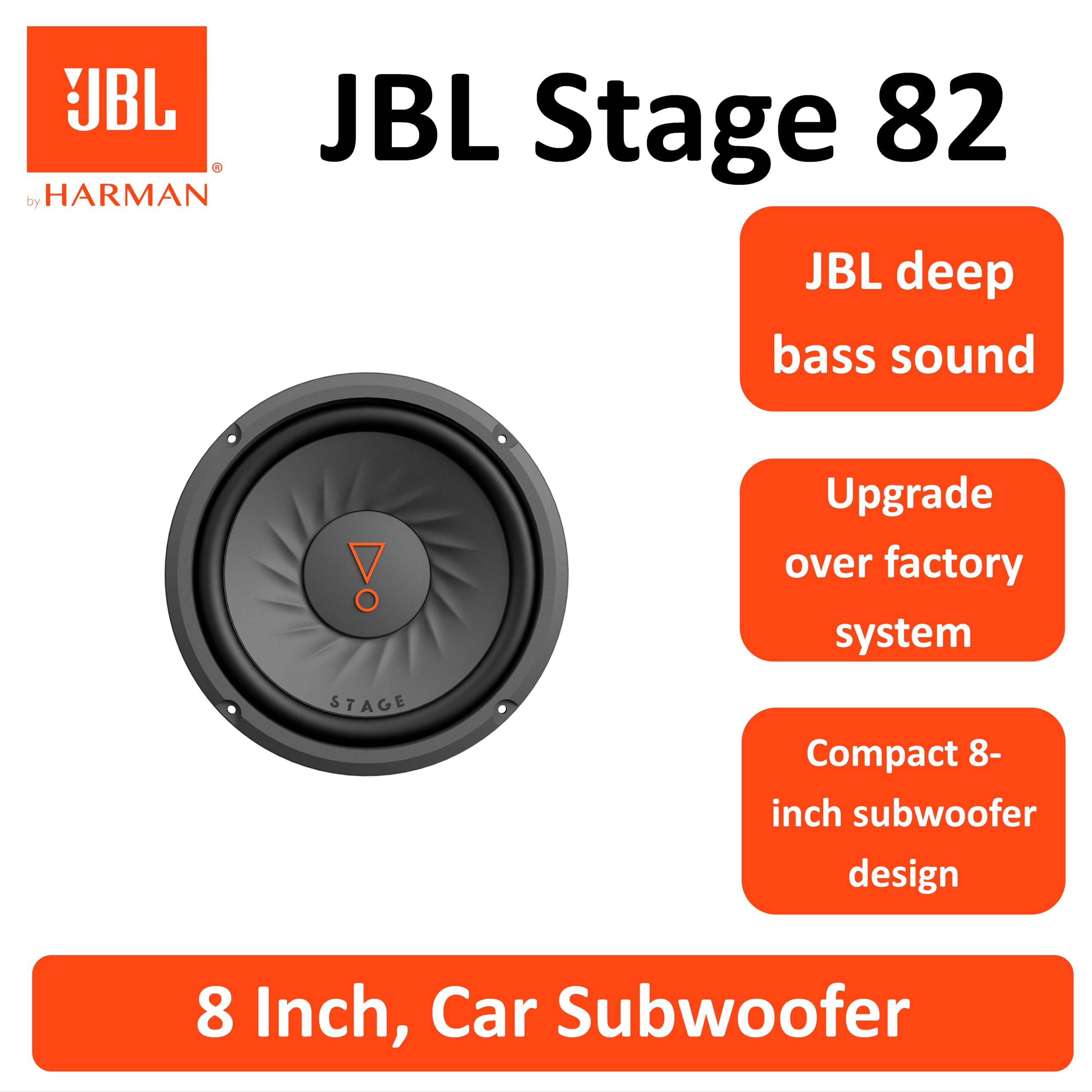 JBL Stage 82 subwoofer pasivo Coche 200 mm (8”), 200W RMS y 800W MAX, 4 Ohmios, 88 dB, Respuesta de frecuencia 38–200 Hz, Bobina de 1.5”, Profundidad Montaje 10.2 mm, Graves potentes y nítidos
