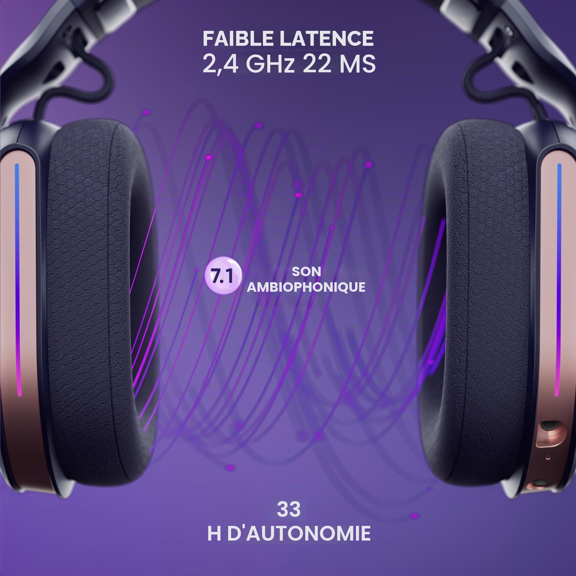 Casque Gaming sans Fil Polaris Compatible PS5 PS4 Switch PC Mobile, Casque Gamer léger LED Faible Latence 2.4GHz ou Bluetooth, Batterie 33h, Son virtuel 7.1, Double Micro - Bleu