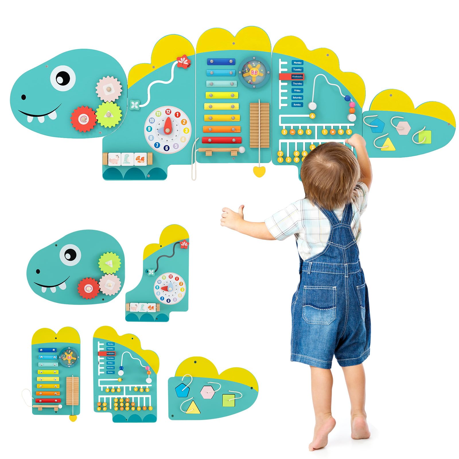 Maxmass 11 in 1 Sensory Wall Toy, Wooden Montessori Busy Board Panels, Toddler Wall Mounted Activity Center Learning Education & Early Development for Playroom Nursery Kindergarten (Green Dinosaur)