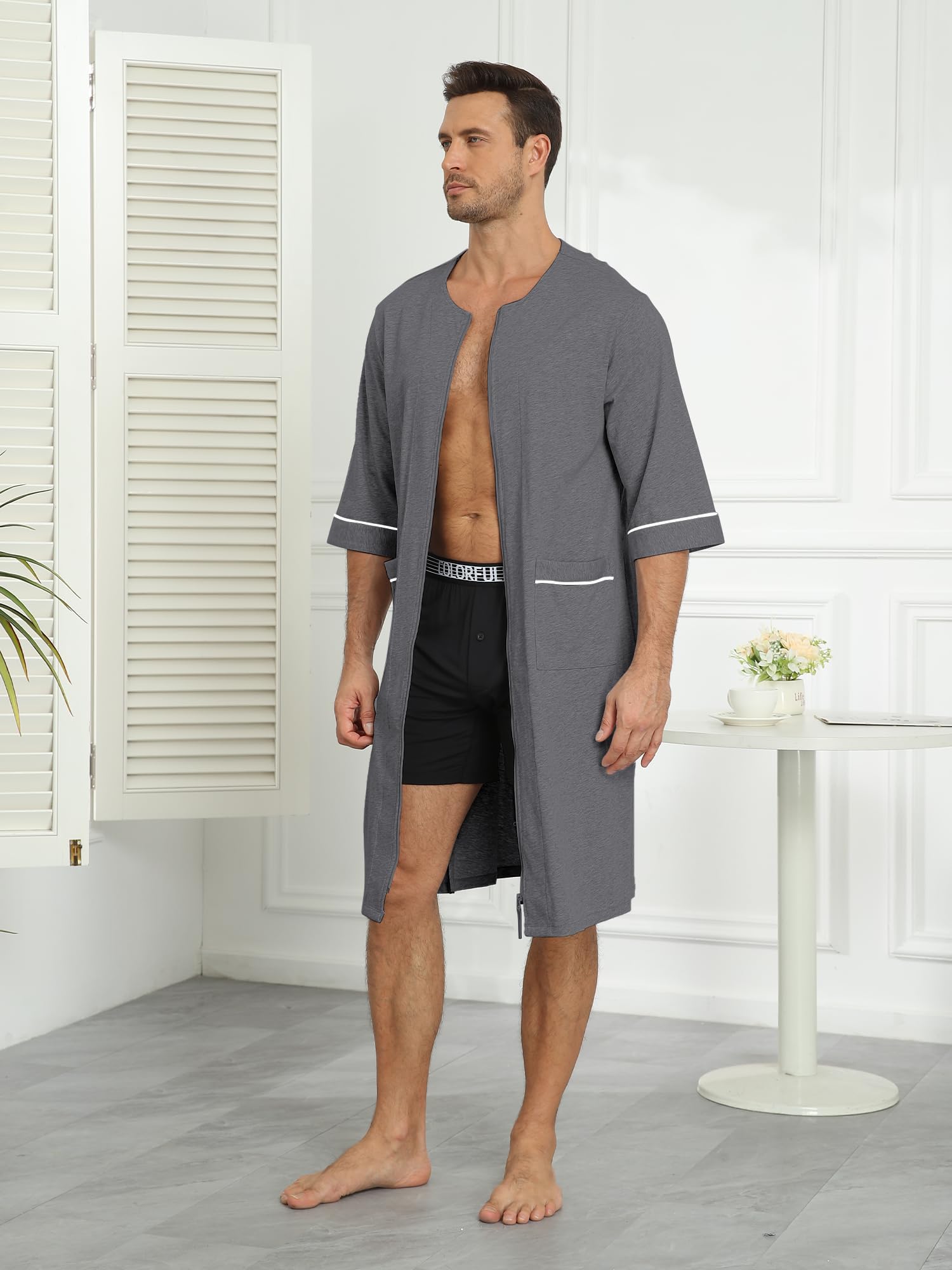 COLORFULLEAF Herren-Bademantel aus 100 % Baumwolle, weicher Reißverschluss, kurzärmelig, Sommer-Kimono, Hausmantel mit Taschen