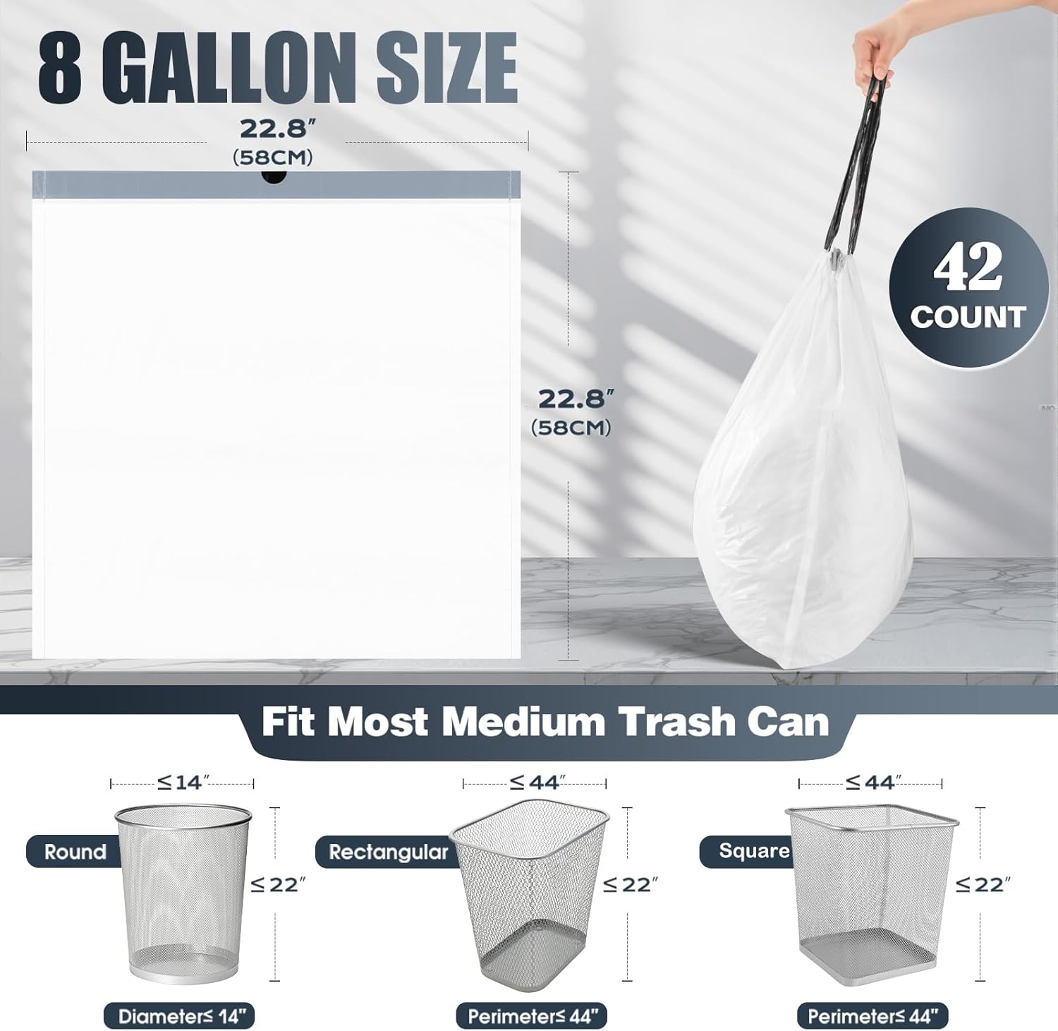 Drawstring 8 Gallon Trash Bags - 42 Count Pre-separated Medium Trash Bags 8 Gallon, White Unscented 8 Gal Garbage Bags