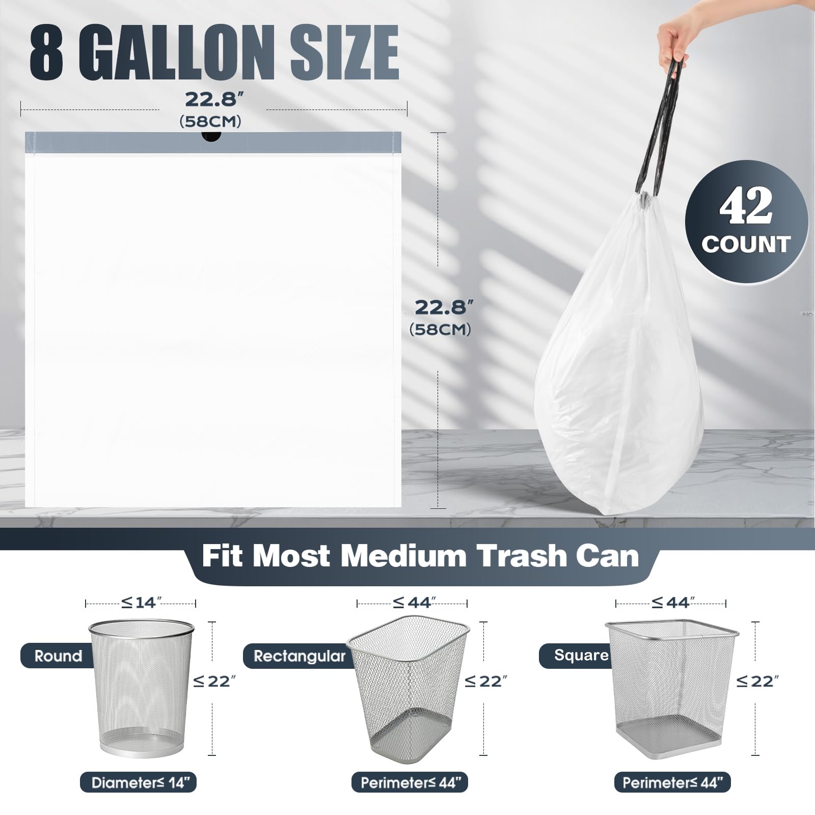 Drawstring 8 Gallon Trash Bags - 42 Count Pre-separated Medium Trash Bags 8 Gallon, White Unscented 8 Gal Garbage Bags