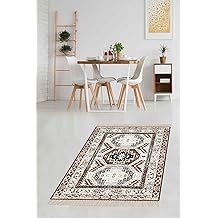 Pelangi Kilim Desenli Etnik Dijital Baskı Yıkanabilir Kaymaz Taban Modern Salon Halı Ve Yolluk, Bej-Gri 40 x 40