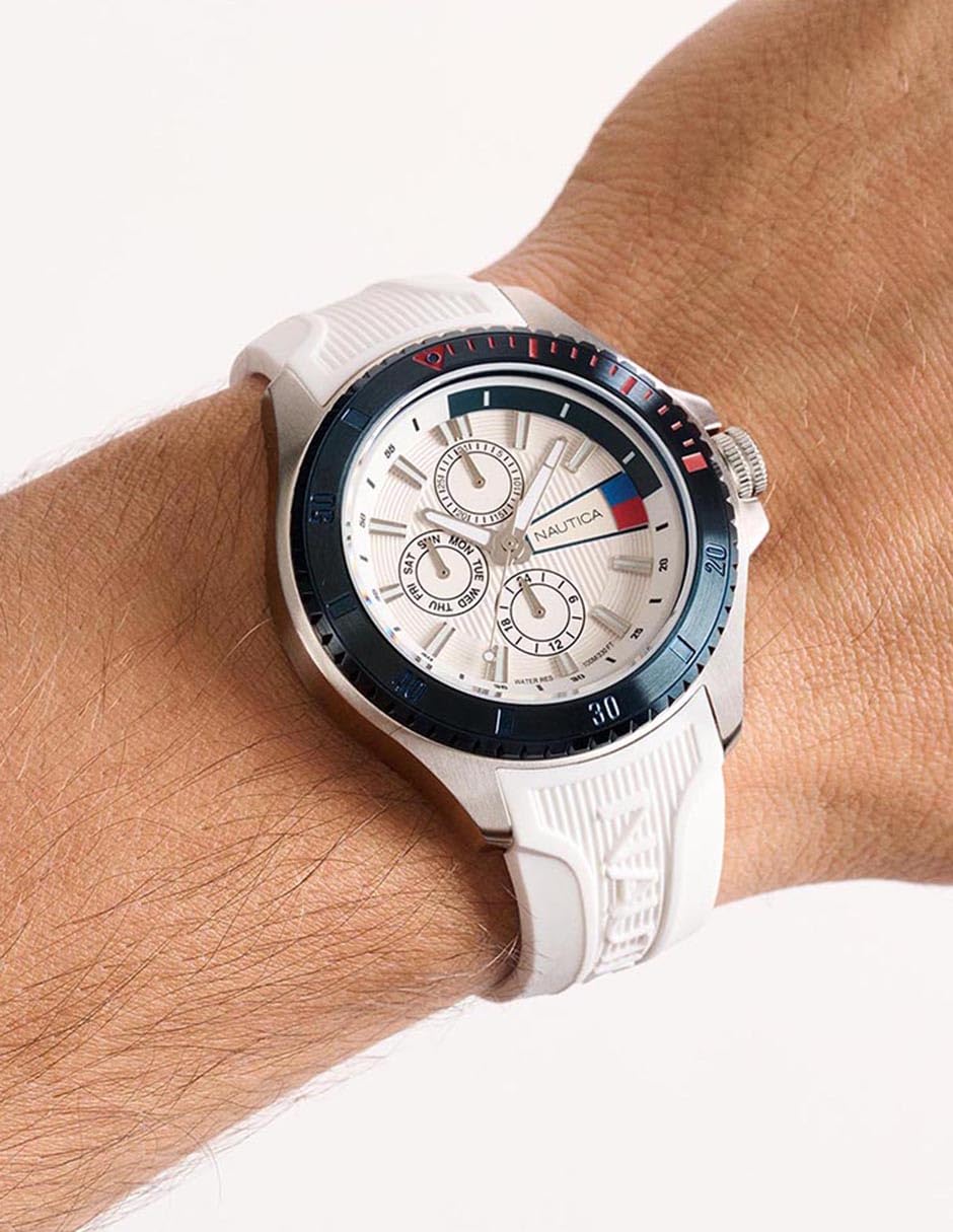 Nautica NCT Leeway NAPLWS604 - Reloj de Pulsera de Acero Inoxidable para Hombre, Correa de siloicona Blanca