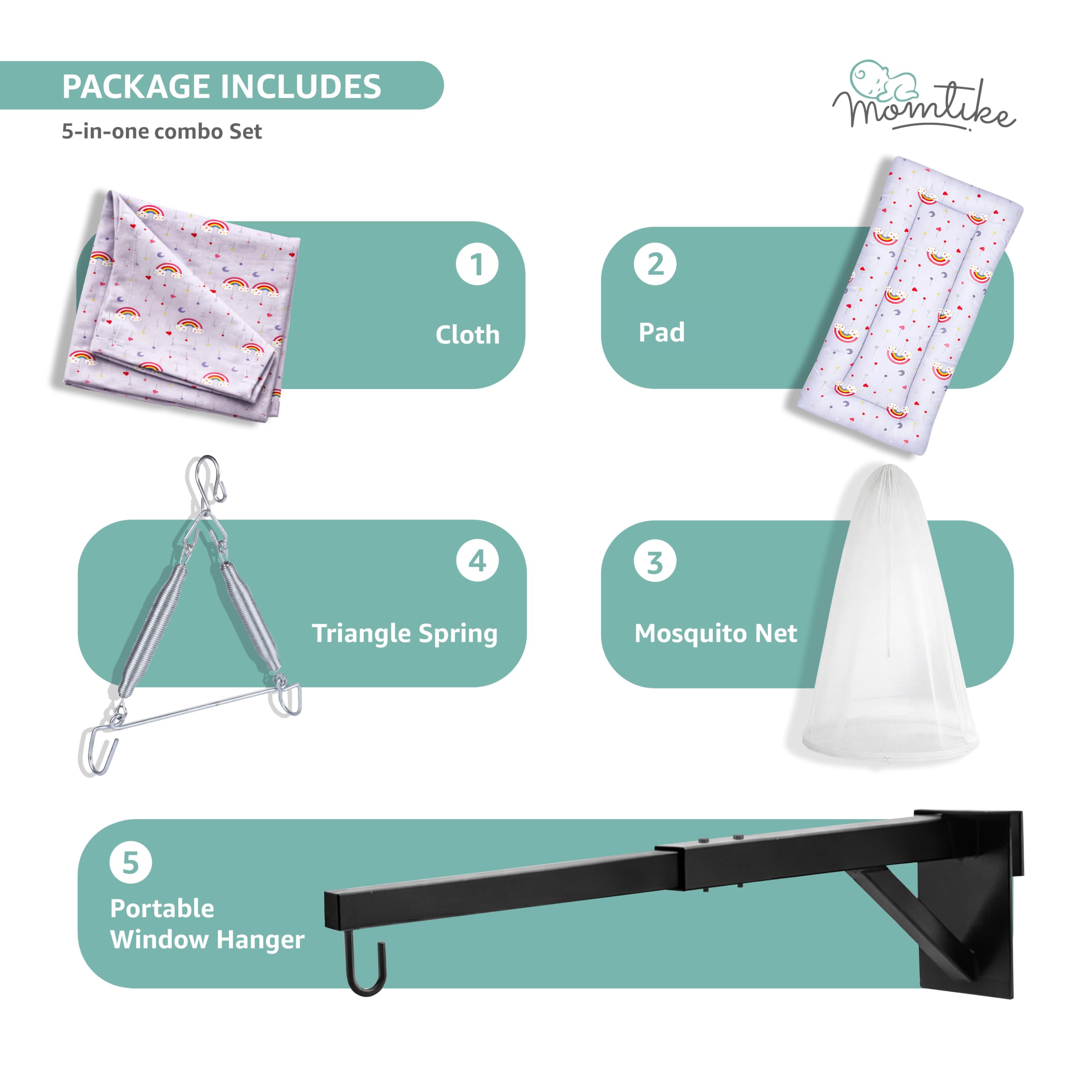 Momtike Baby Cradle̞, Foldable Window Hanger | Hanger Spring, Mosquito Net & Pad with Insert Pocket, Jhoola, Thottil, Joli, Jokali, Onjal (Ash Grey) 3