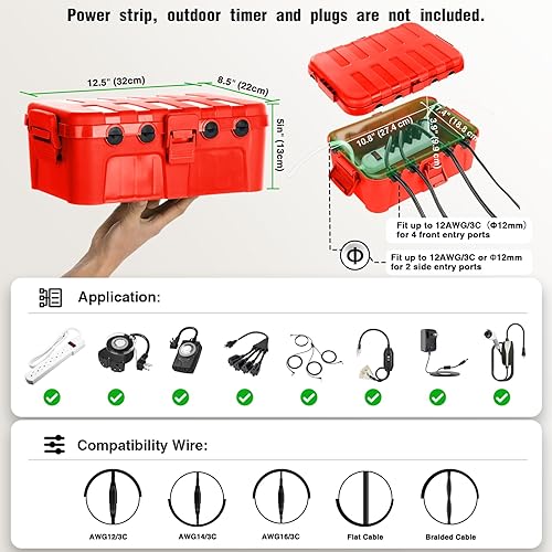 Miniatura 17 de Flemoon Caja eléctrica grande para exteriores (12.5 x 8.5 x 5 pulgadas), cubierta de cable de extensión impermeable IP54 resistente a la intemperie