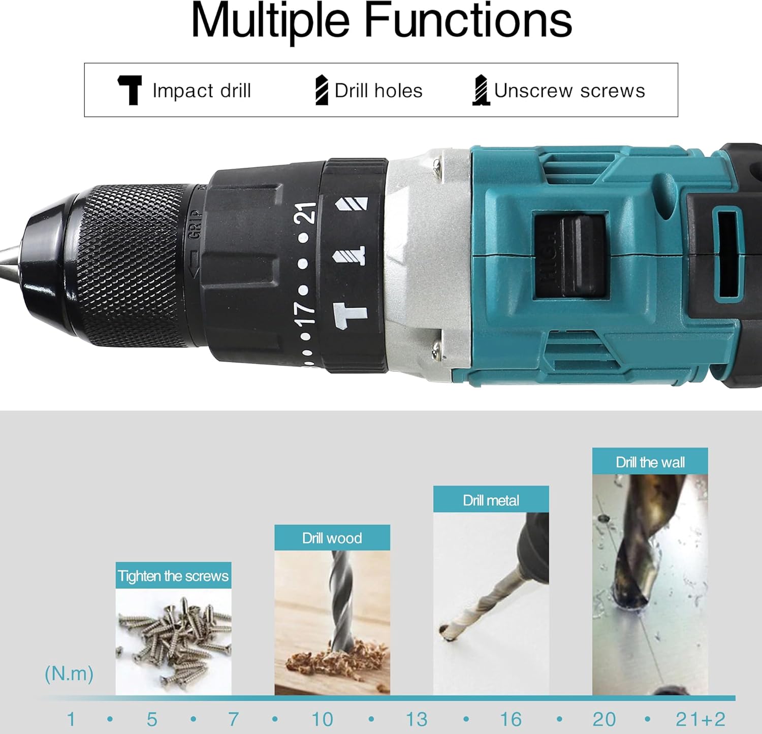 Cordless Impact Driver Kit with Bit Holder,18V MAX 1/2" Chuck Impact Drill,21 torque speed with additional hammer and impact functions,60 N.m Power,0-1800RPM,2 Batteries,41 Piece Impact Bit Set